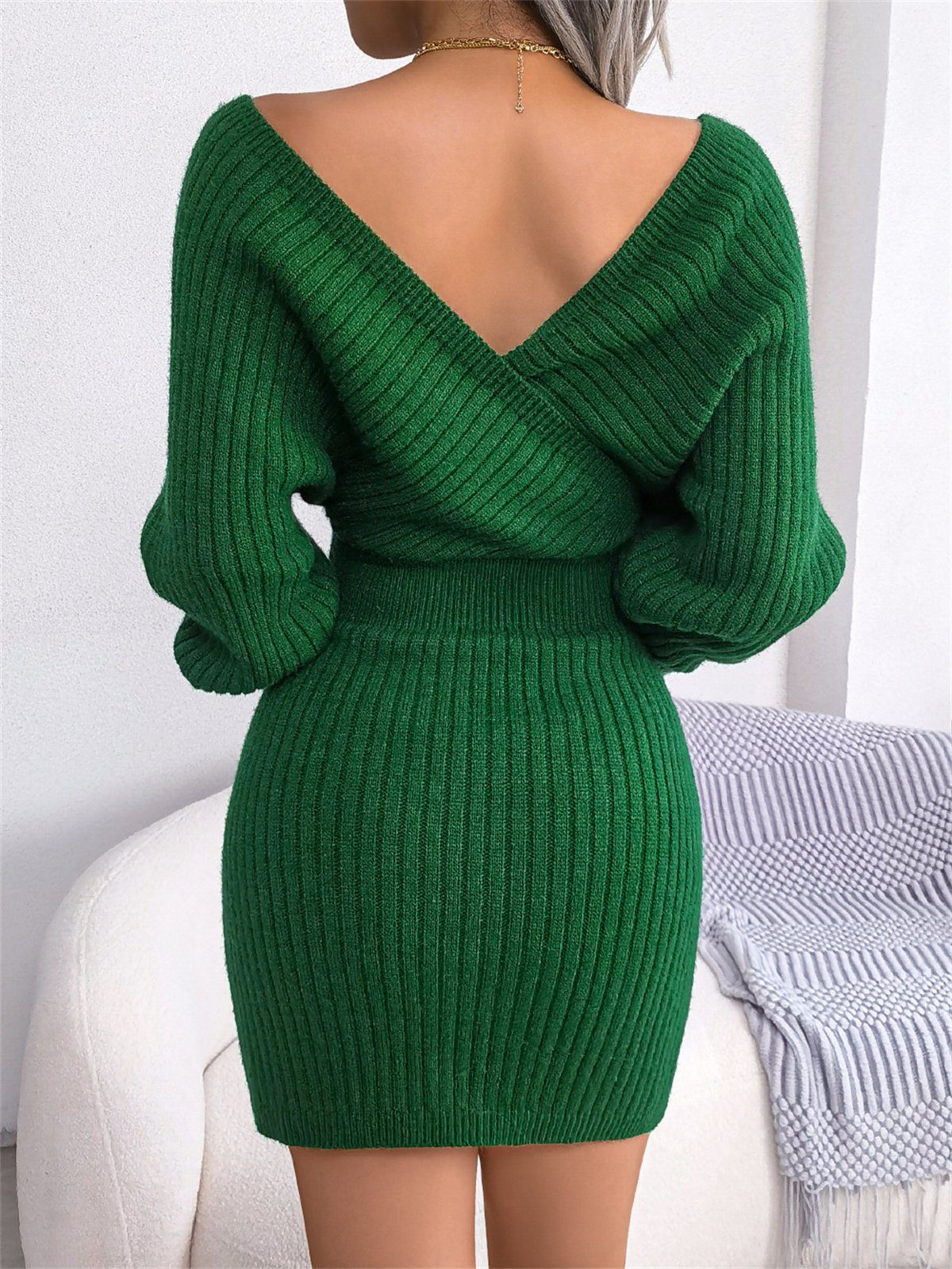 carefully selected Strickkleid Sexy Jersey Damen-Tunika-Pulloverkleid V-Ausschnitt mit und grün