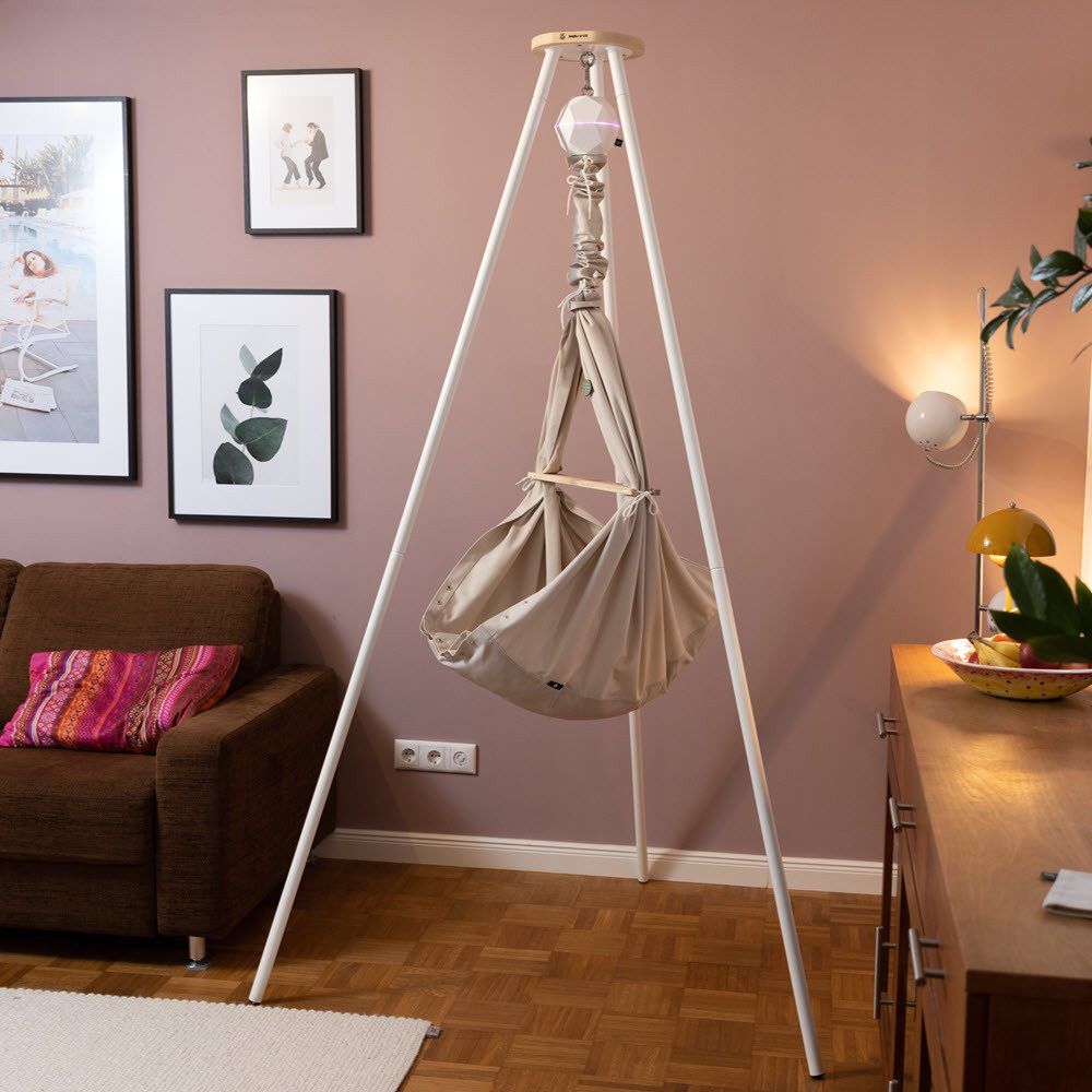 PAULI & CO® Babywippe Federwiege Premium SET, Taupe, Tripod SMART weiß matt + Motor PURE