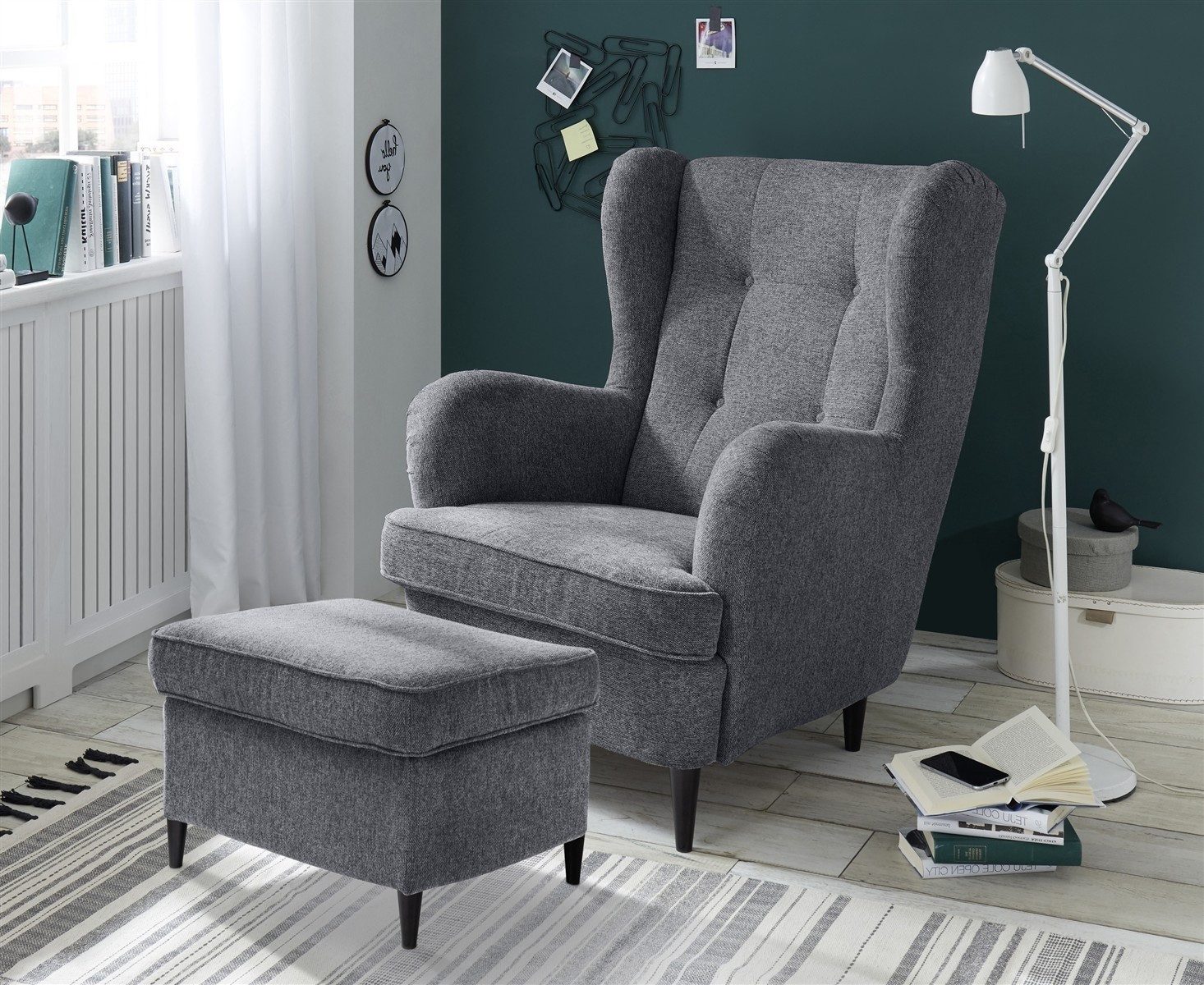 freiraum Ohrensessel OSKAR, (Sessel und Hocker) in anthrazit - 78x102x98 (BxHxT)