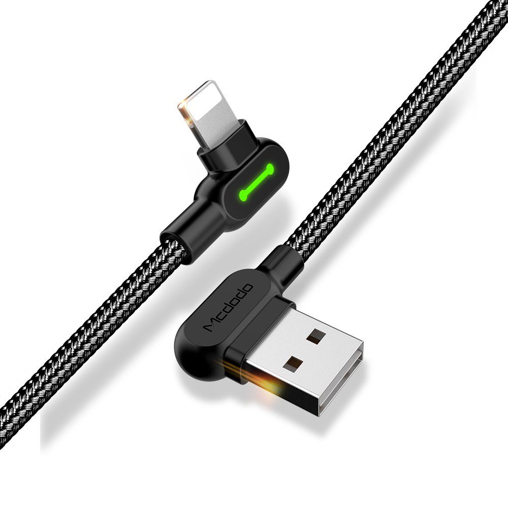 mcdodo LED 90 Grad M Ladekabel Winkel USB Kabel Nylon geflochten USB-Kabel, Standard-USB, Lightning (180 cm), Winkelstecker