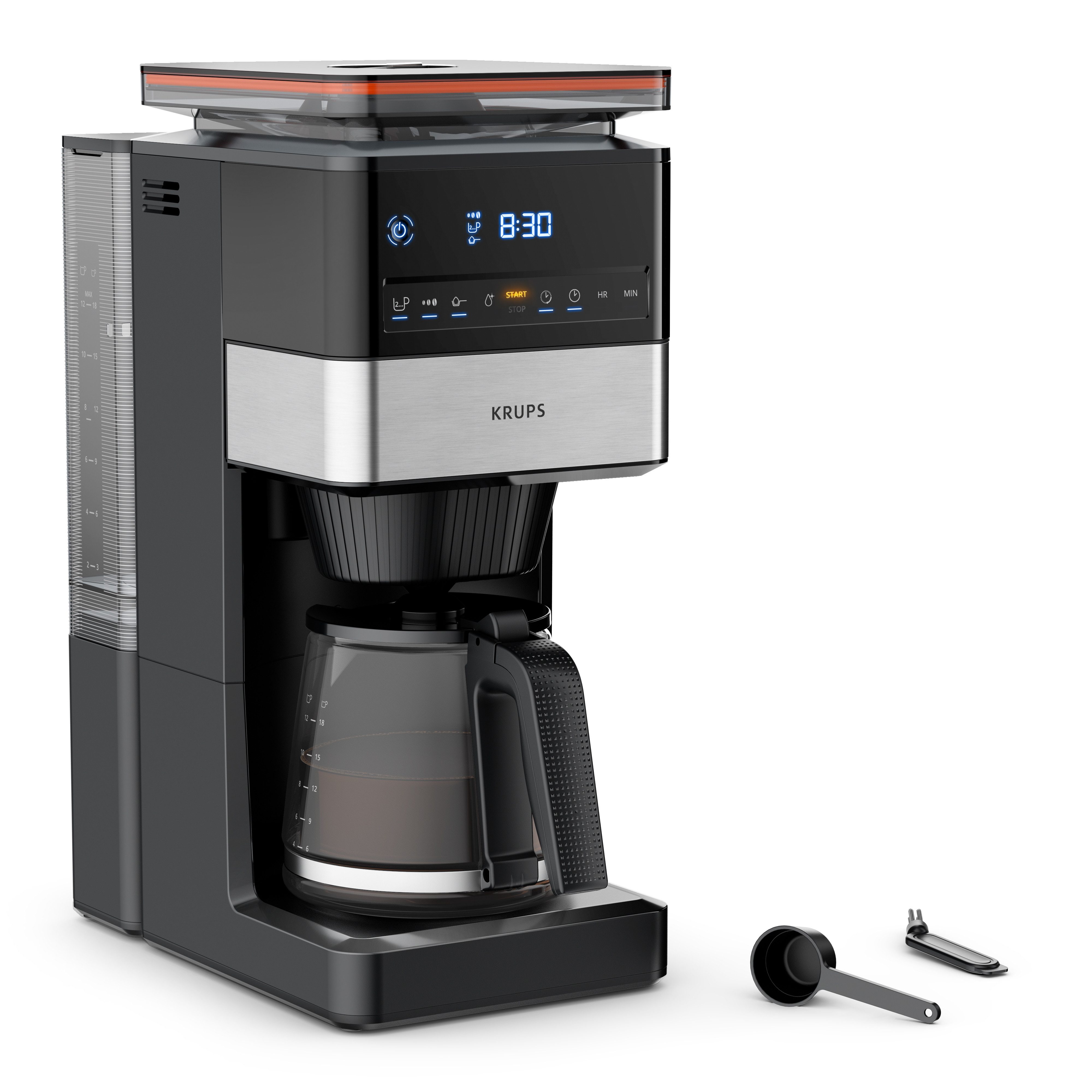 Krups Filterkaffeemaschine KM8428 Grind Aroma XL, 1,5l Kaffeekanne, Permanentfilter, Papierfilter 1x4, Kegelmahlwerk, digitales Bedienfeld, 1,5 l, 2 h Warmhaltefunktion