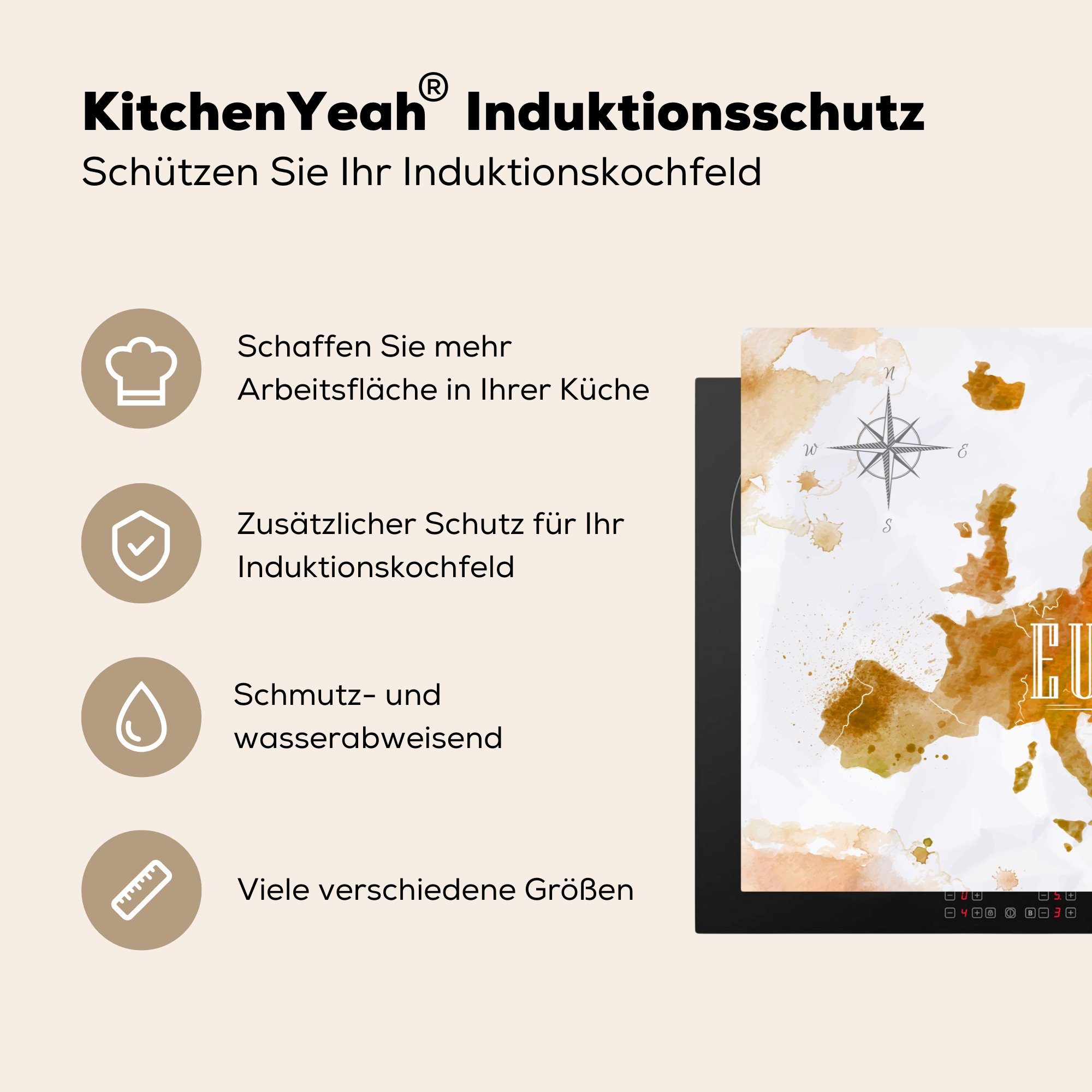 - tlg), für küche, Schutz die Europa Farbe Vinyl, Induktionskochfeld 81x52 (1 - Weltkarte, MuchoWow Herdblende-/Abdeckplatte Ceranfeldabdeckung cm,
