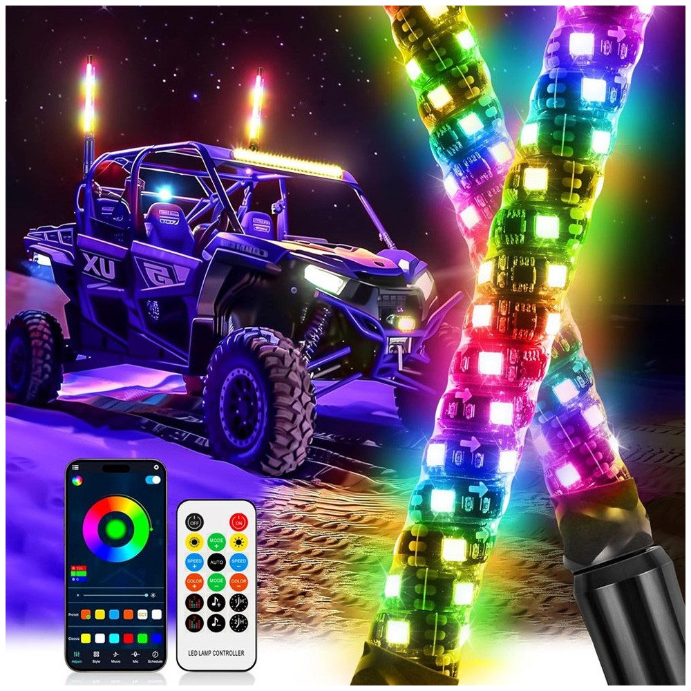QUBEBU LED Dekolicht 360°-Spiral-RGB-Peitschen, 1 Paar LED-Peitschenlicht für UTVs, ATVs, 2pcs 30.5cm RGB LED Whip Lights for Offroad Jeep RZR UTV ATV, 120LED Streifen Atmosphäre Licht, LED Spirale, Programmierbar