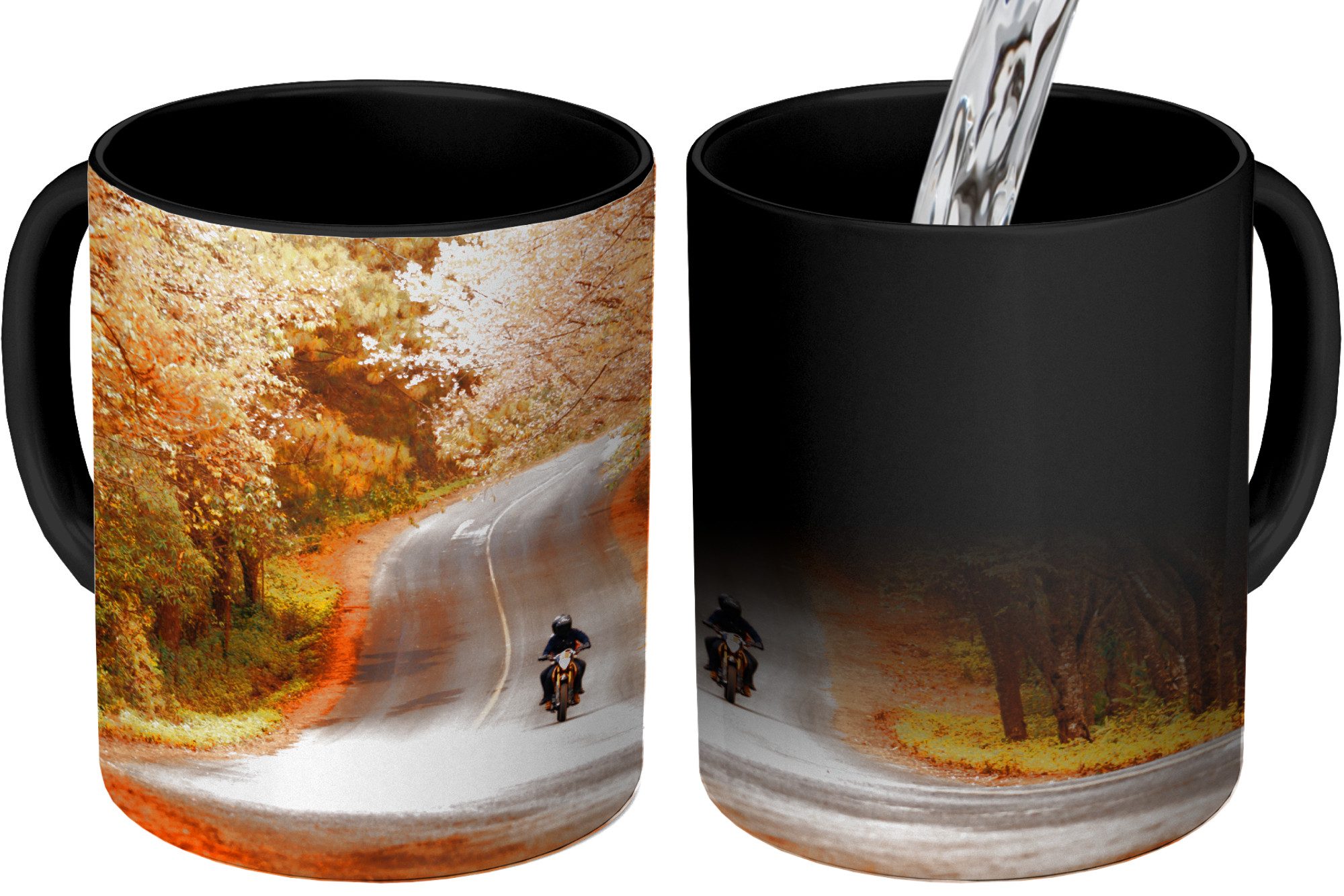 Tasse Motorrad zwischen Herbstbäumen