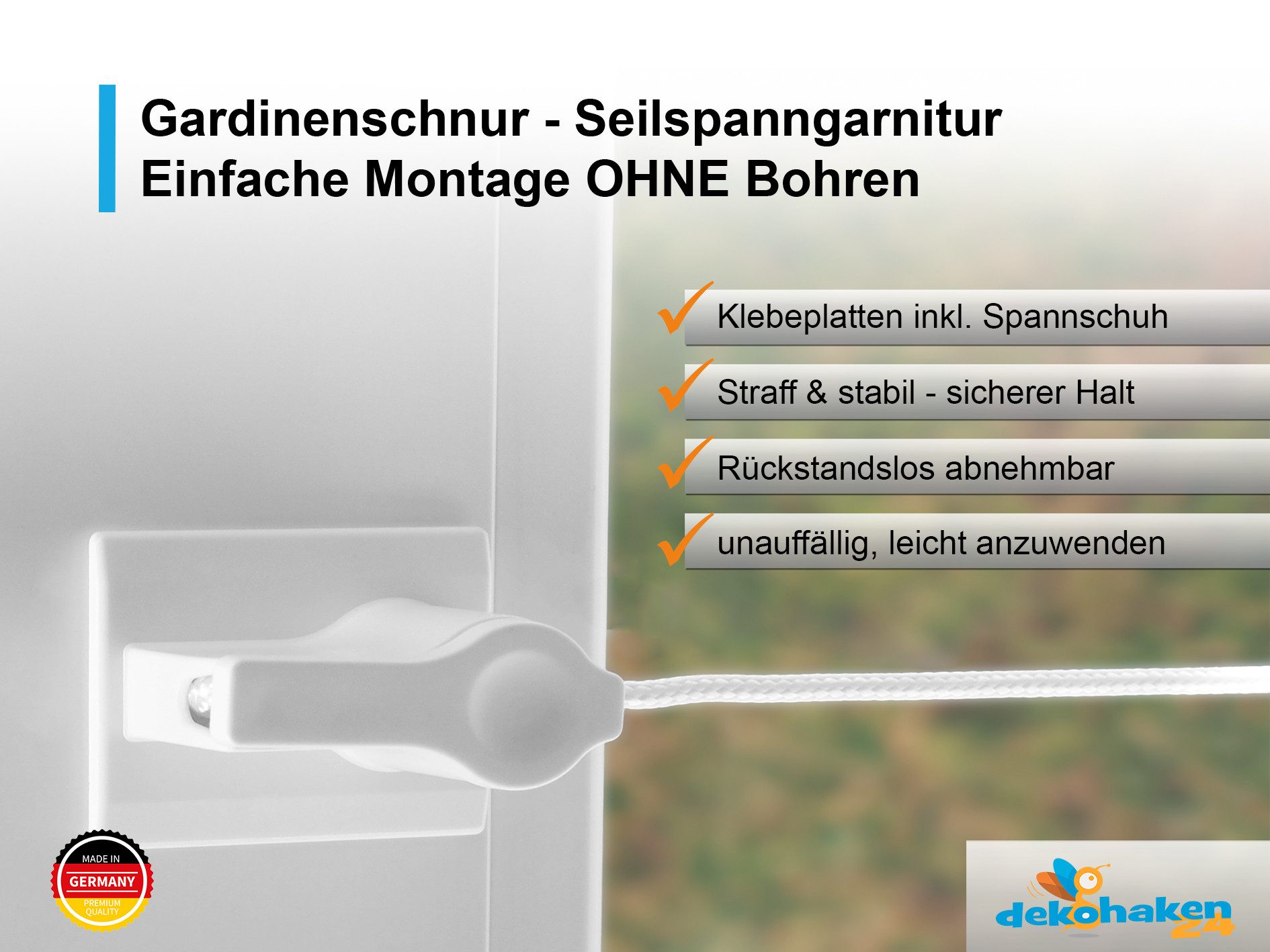 dekohaken24.de Seilspanngarnitur Gardinendraht, Gardinenseil, Vorhangdraht, Gardinenschnur, inkl. Klebeplatten für eine Befestigung ohne Bohren an Ihrem Fenster – Bild 2 von 5