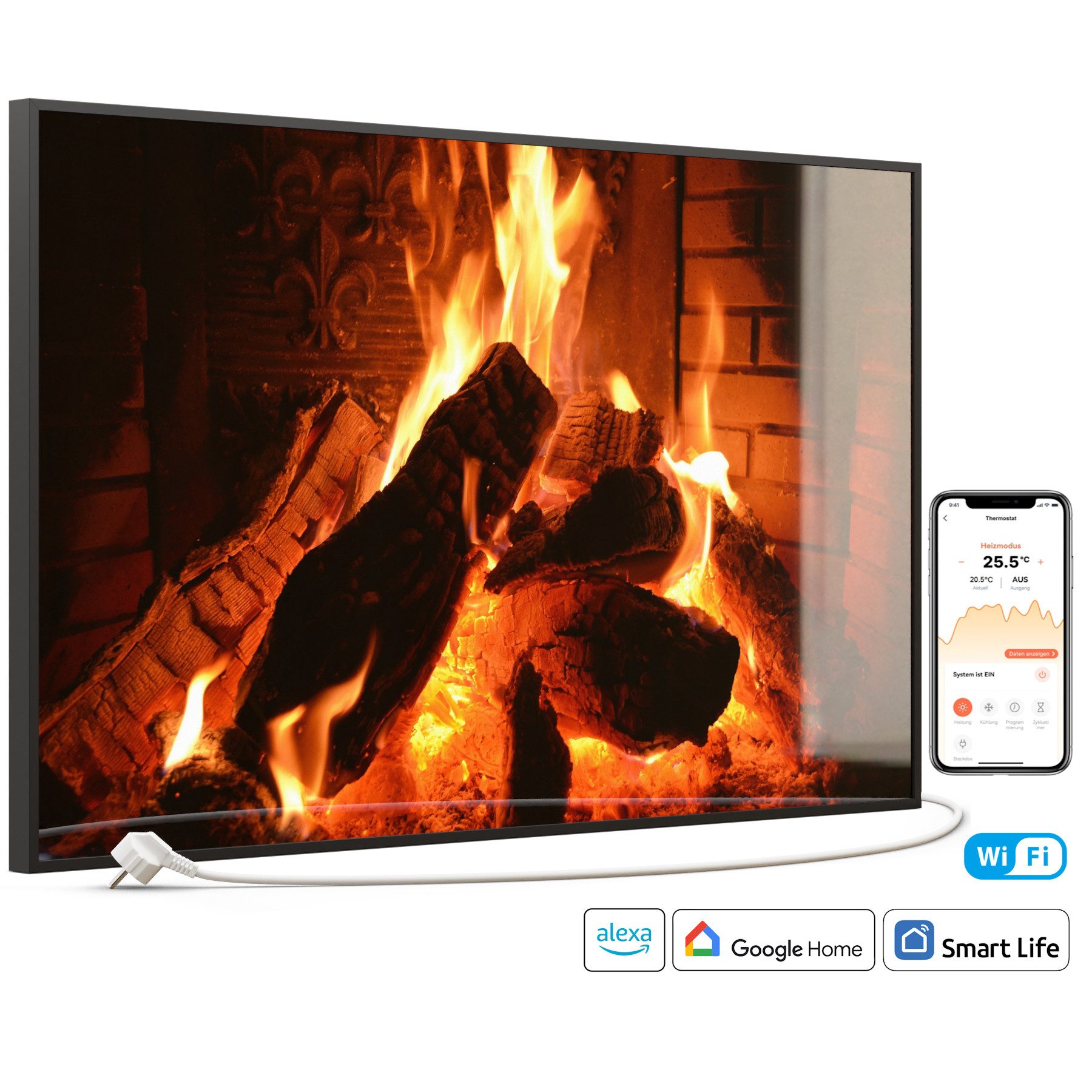 STEINFELD Heizsysteme Infrarotheizung Glas-Bild 600W, 100x60cm, Made in Germany, 7 Jahre Garantie, mit Thermostat, Schwarz