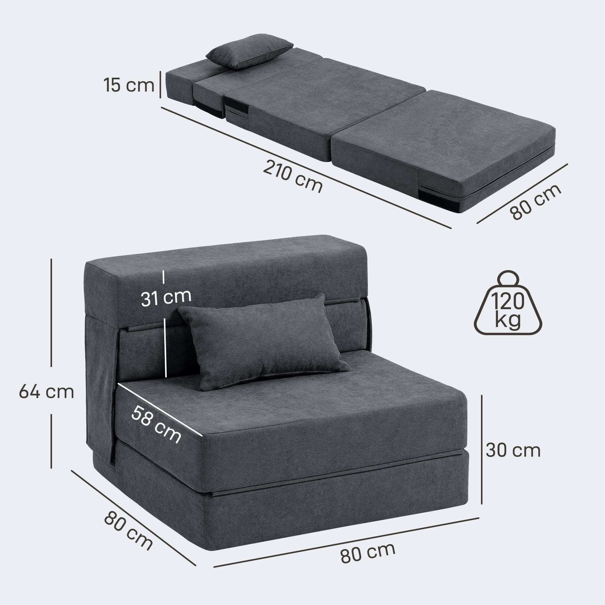 HOMCOM Schlafsofa Klappbar Sessel mit Verstellbarer Rückenlehne Kissen Gästebett, Sofa 1 Teile, Schlafsessel mit Bettfunktion