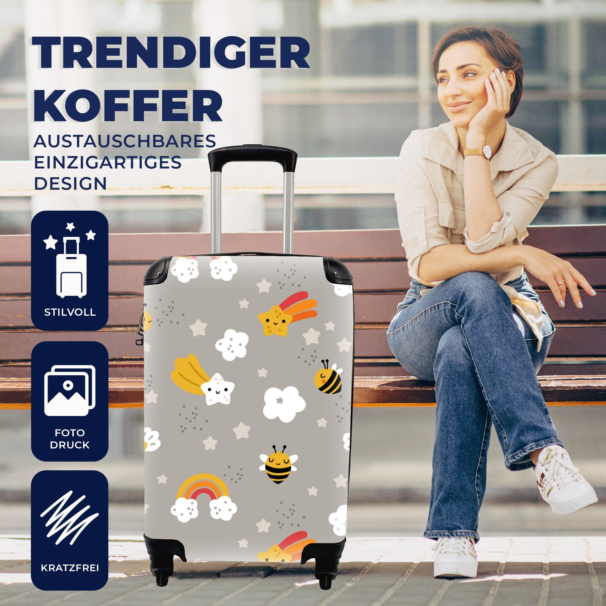 Rollen, Handgepäck Reisekoffer Regenbogen Ferien, - MuchoWow Handgepäckkoffer 4 rollen, - Muster Reisetasche für mit Trolley, Biene,