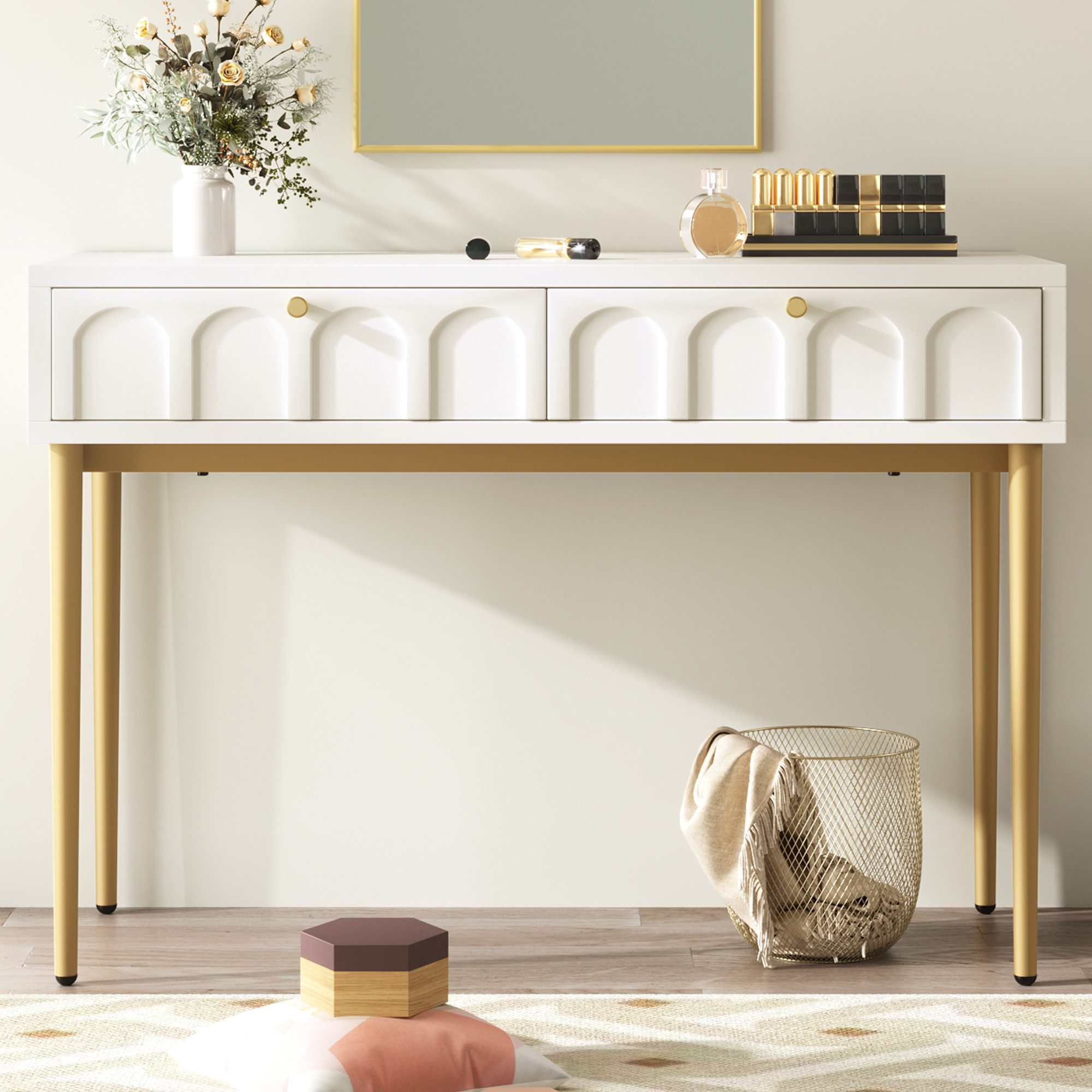 i@home Schminktisch mit 2 Schubladen 76.5cm Höhe,Schlafzimmer Highboard Weiß Sideboard (1-Set), Bis 45 kg belastbar, 76.5 x 100 x 45 cm, Weiß