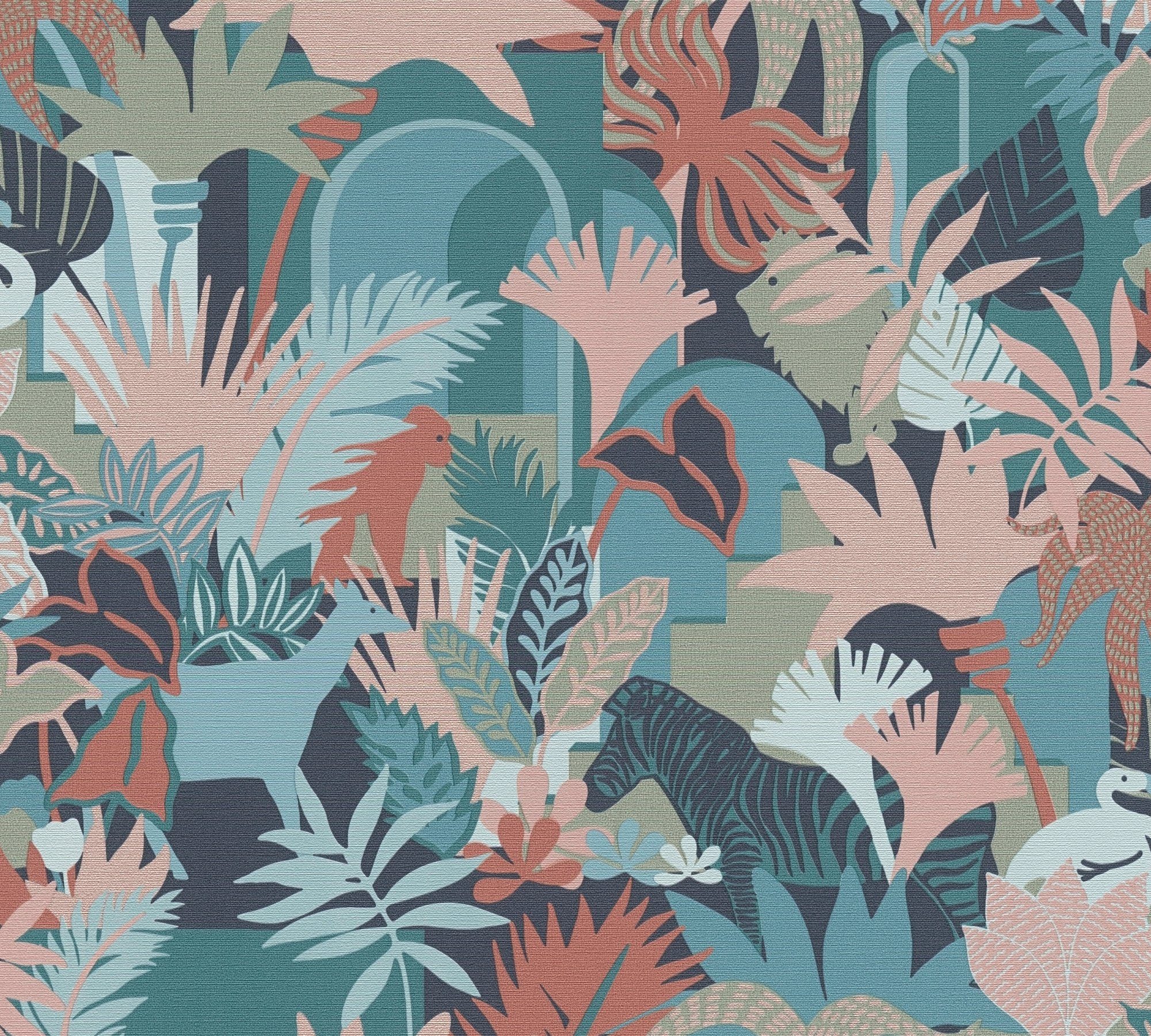 Création Retrotapete mit geprägt, matt, Antigua Dschungeltapete (1 Floral St), Tieren A.S. Artdeco, bunt,blau,pink Vliestapete