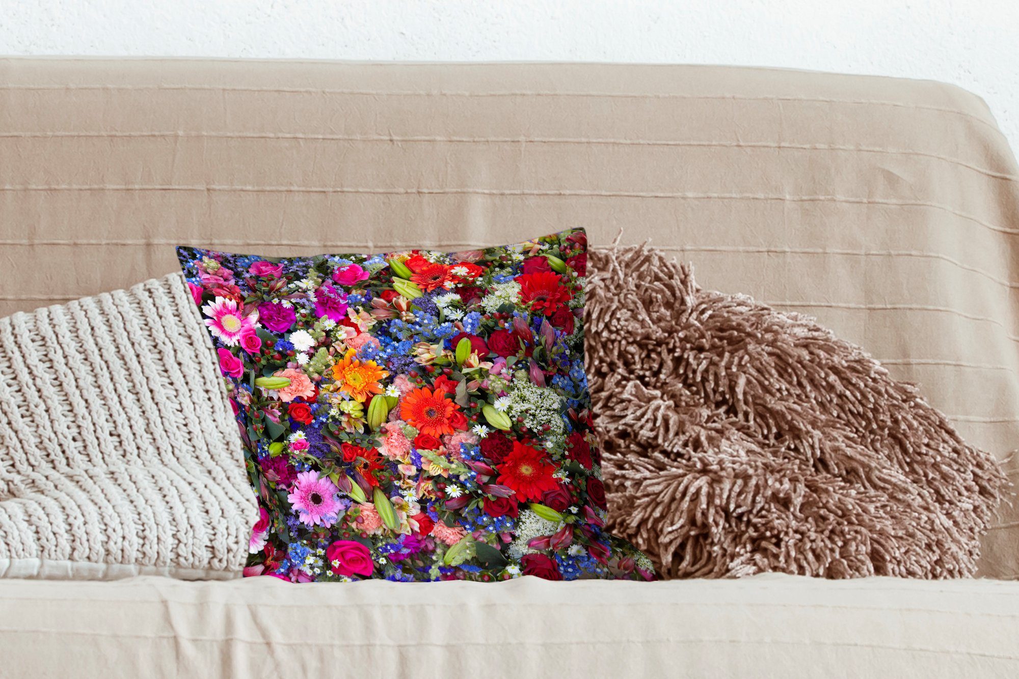 leuchtenden für MuchoWow florales Design Ein Sofakissen mit mit Zierkissen Farben, Deko, Dekokissen Wohzimmer, Schlafzimmer, Füllung