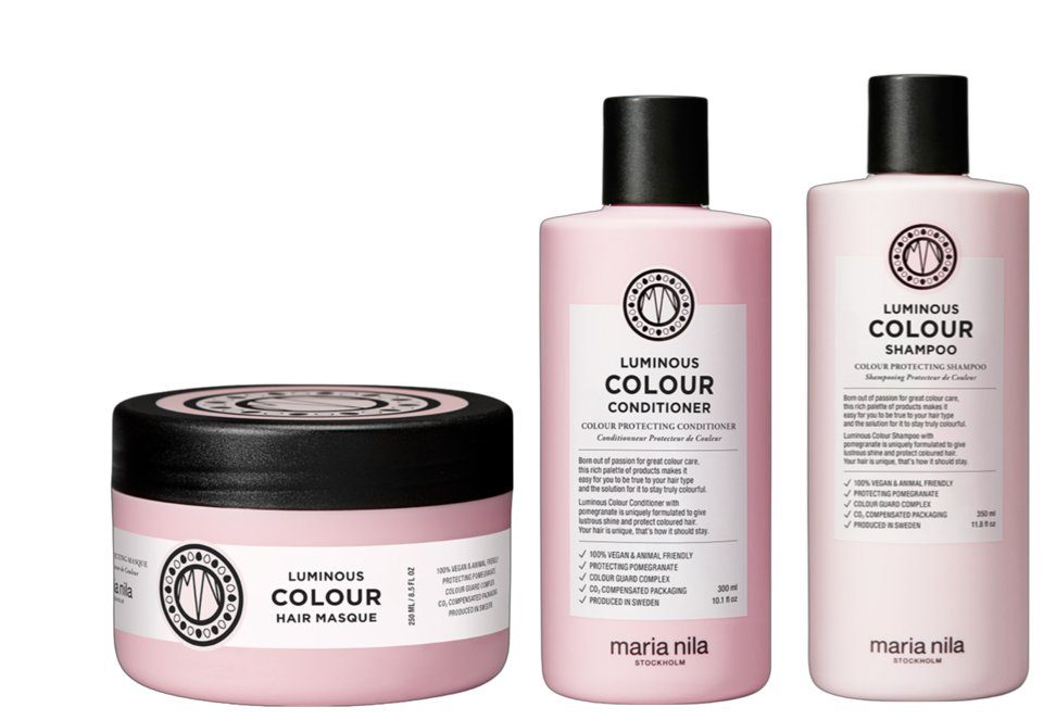 Maria Nila Haarpflege-Set Luminous Colour Masque, + + Conditioner Set, Shampoo und stärkt 3-tlg., die Haarstruktur erneuert Trio