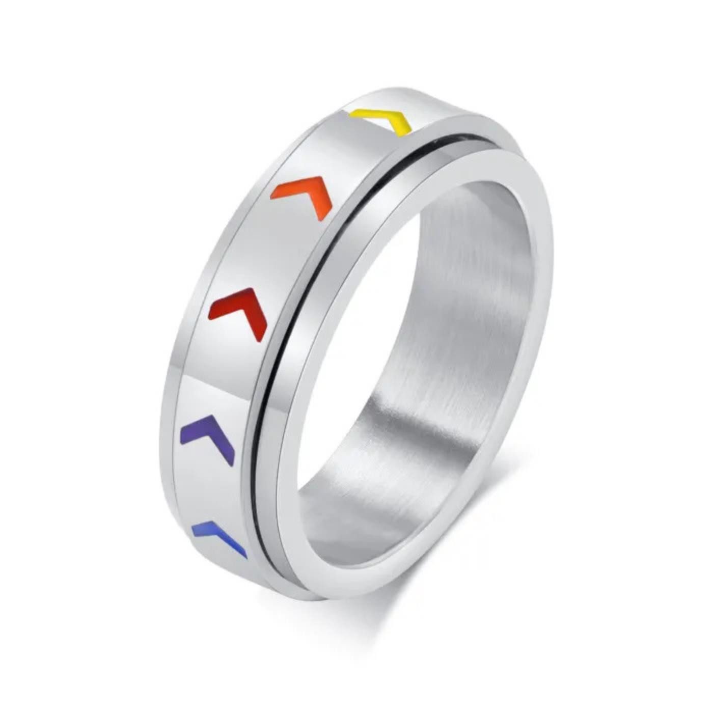 Fingerring Drehring: Spinning Ring LGBT aus Edelstahl „Regenbogen“