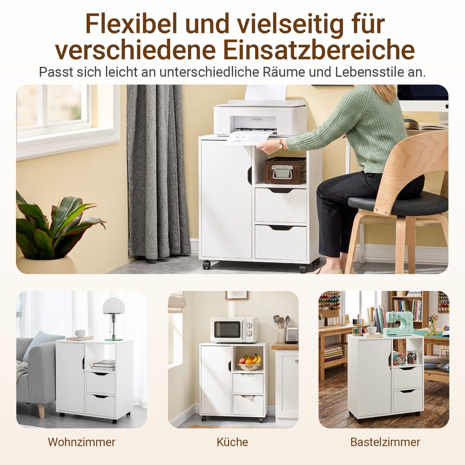 SoBuy Rollcontainer FBT105, Druckertisch Unterschrank Aktenschrank Bürocontainer Büromöbel, Rollcontainer auf Rollen, Beistellwagen, mit 2 Schubladen und 1 Tür