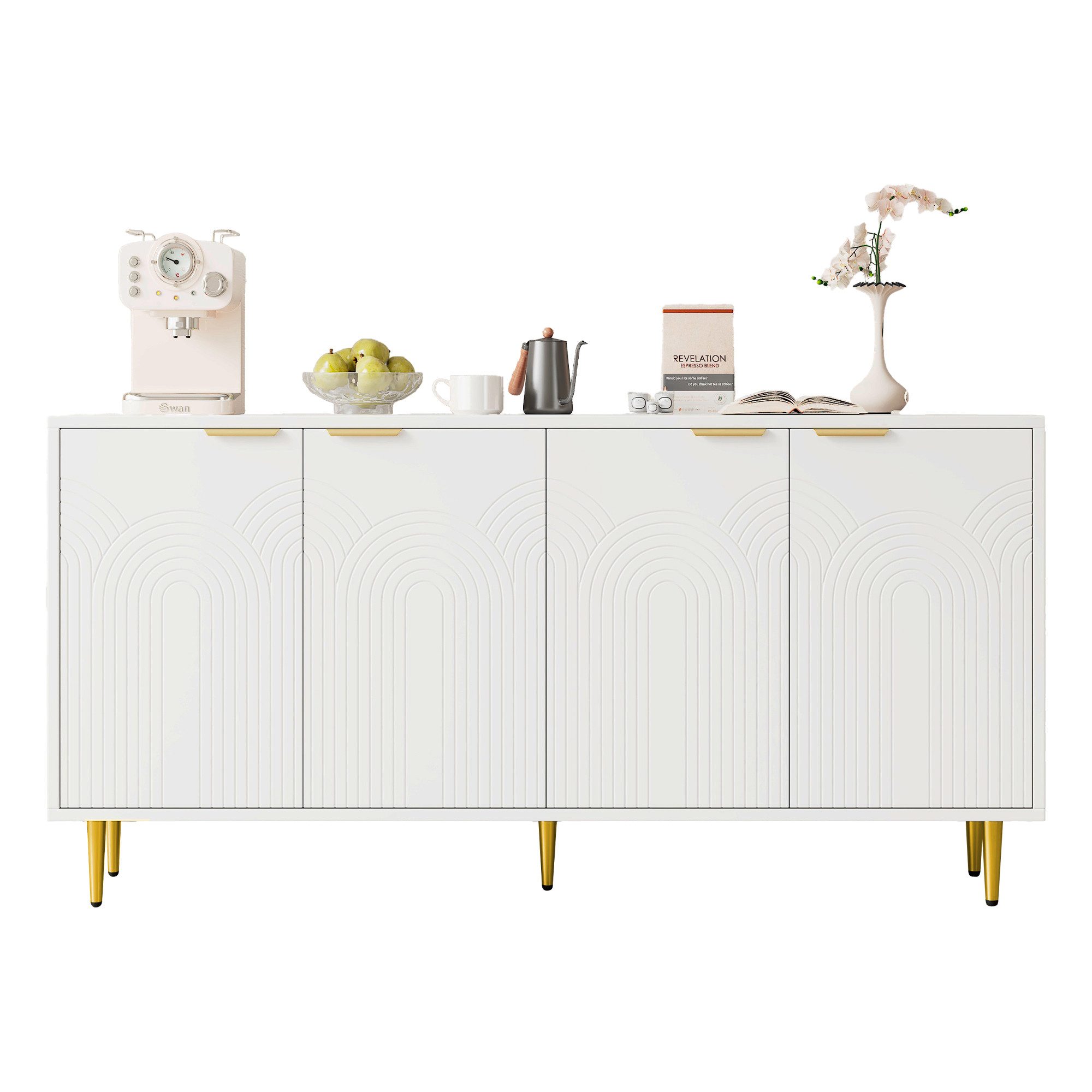Merax Sideboard Kommode mit 4 Textur Türen (1 St., küche Schrank), Anrichte mit goldene Griffe & Hochglanzbeine