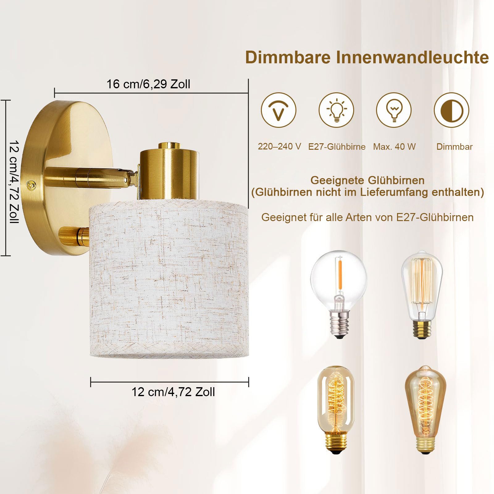 Rosnek LED Wandleuchte Wandlampe innen dimmbar mit Schalter E27 40W inkl. Leuchtmittel, LED wechselbar, Wandleuchte mit beige Leinenschirm für Schlafzimmer Wohnzimmer Flur