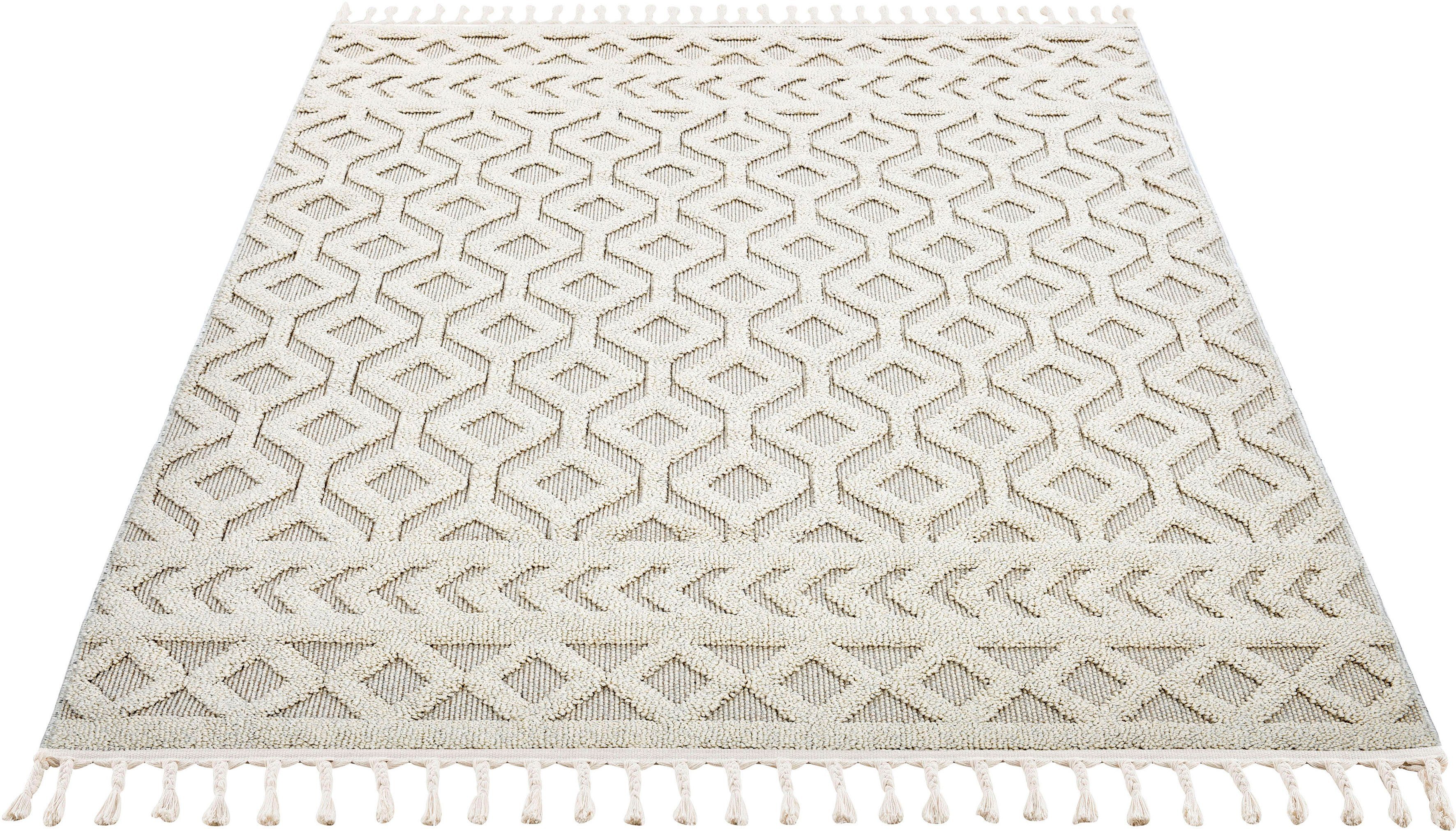 Teppich Mitch, Leonique, rechteckig, Höhe: 18 mm, Hoch-Tief-Effekt, im Boho-Stil, Woll-Look, mit Fransen sand