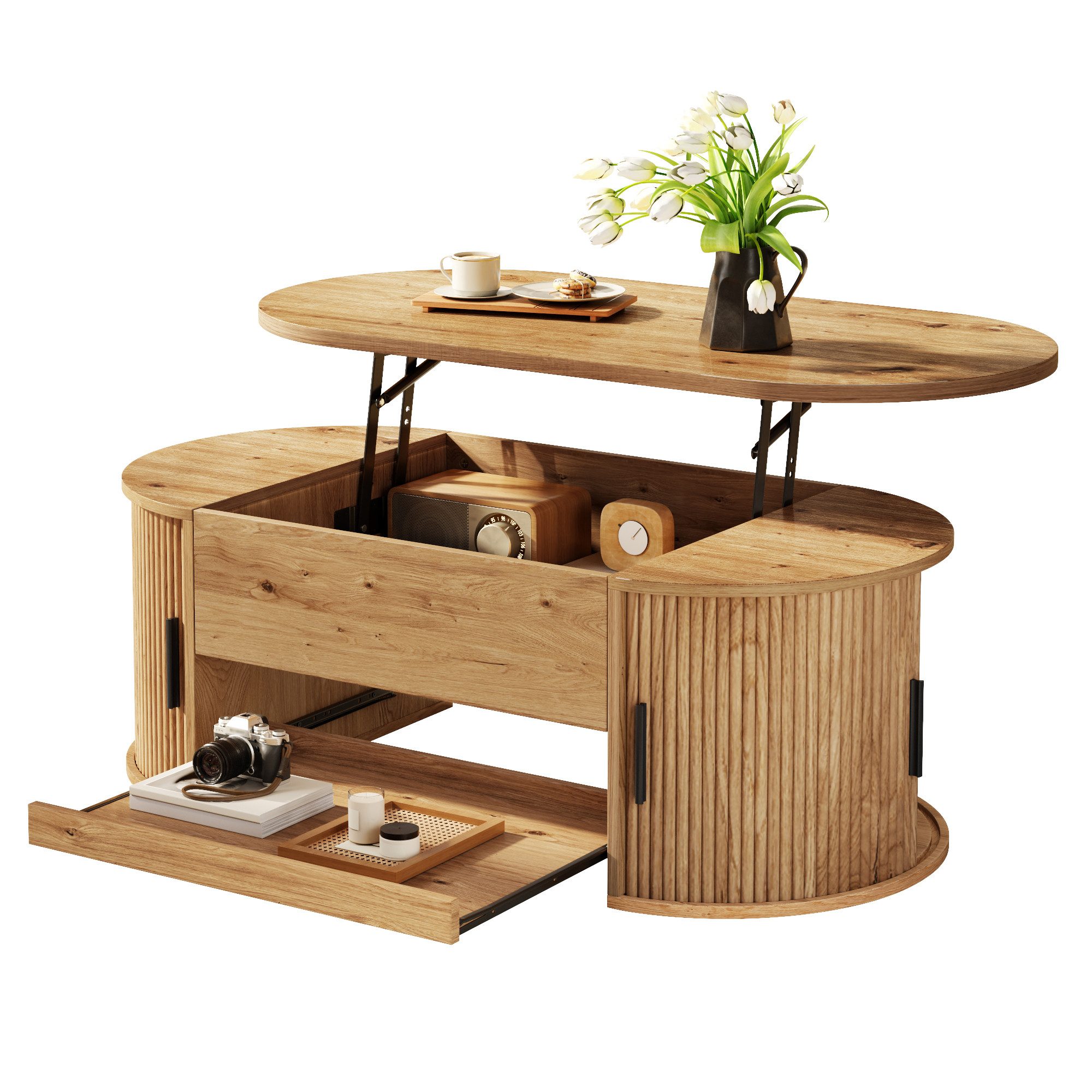 Merax Couchtisch mit Hebefunktion, Sofatisch mit verstecktem Stauraum, gebogenen Seiten (110 L x 55 B x 55 H cm, 1-St), Wohnzimmertisch mit seitlichen Schiebetüren und ausziehbarer Ablage