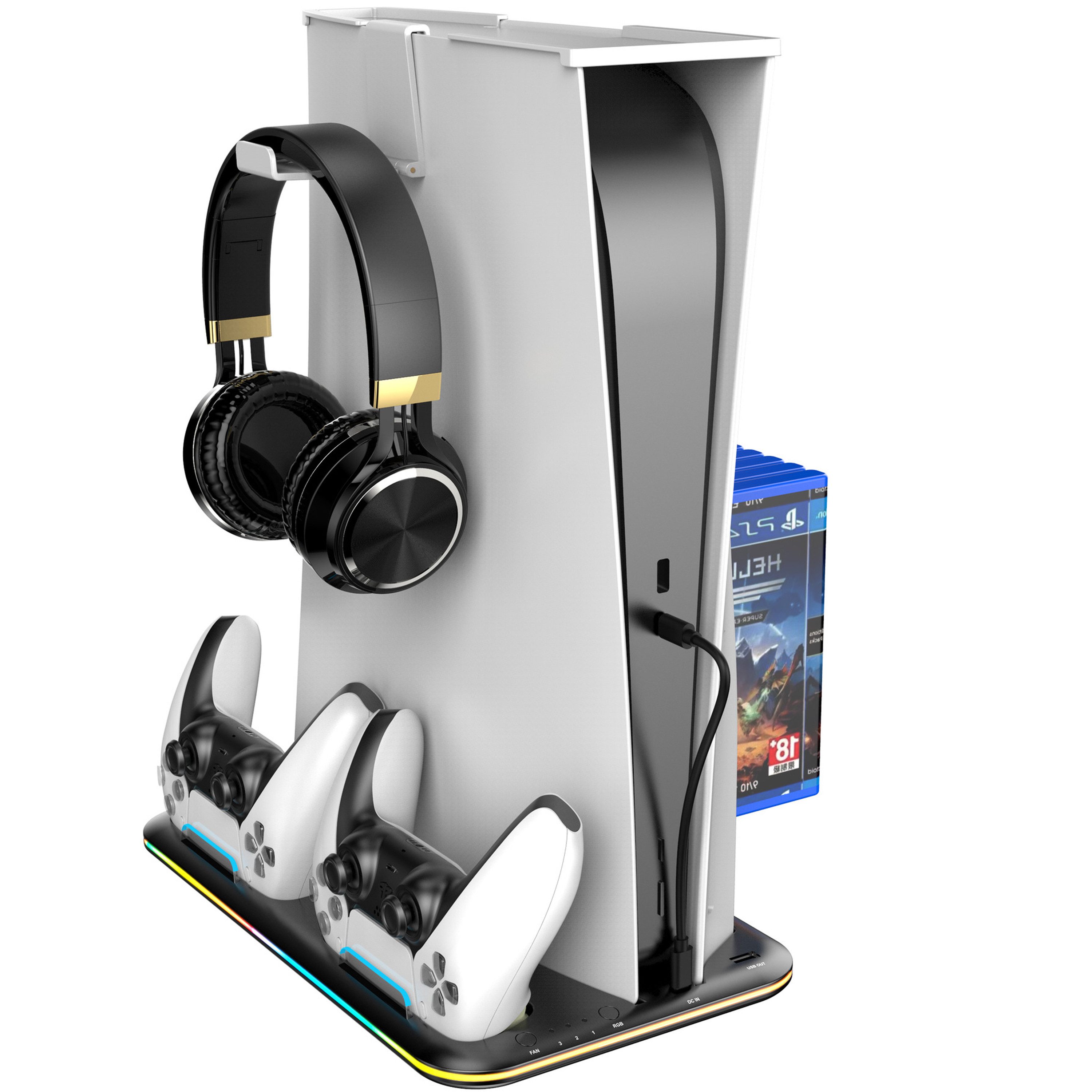 ibettertec PS5 Ständer mit 3 stufig Lüfter und RGB Licht Controller-Ladestation (PS5 Controller Ladestation,PS5 Standfuß für PS5 Disc/Digital Edition Controller Ladestation, mit Headset Halterung und mit 6 Spiele Lagerung)