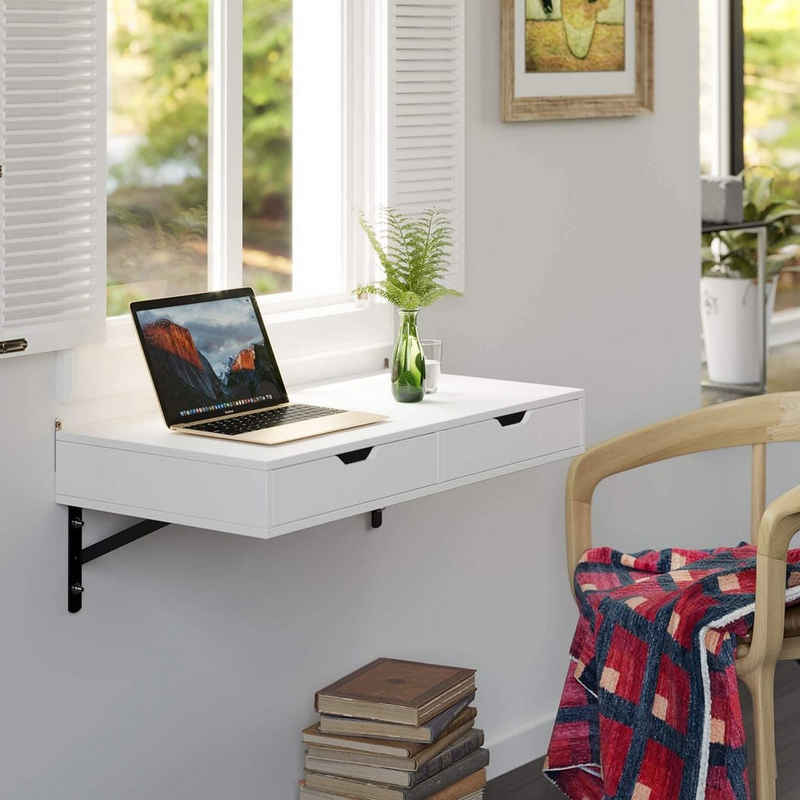 Homfa Schreibtisch, Wandtisch, Computertisch, Küchentisch, mit 2 Schubladen, aus Holz, Weiß