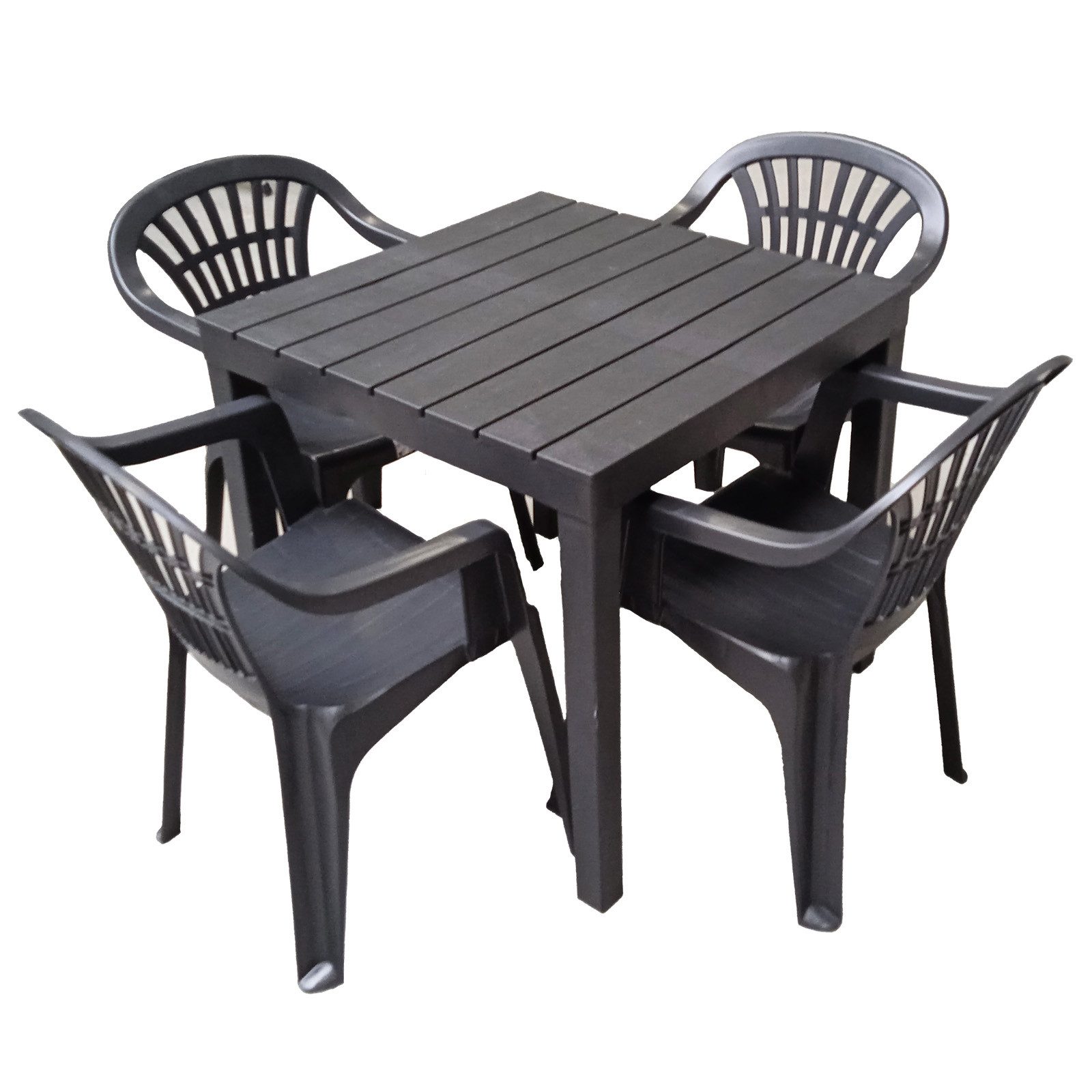Progarden Sitzgruppe Gartenmöbel Kunststoff 5 Tlg. Terrassenmöbel Terrasse Schwarz, (Set, 5-tlg., Tisch + 4 Stapelstühle), UV-Beständig, Robust, Wetterfest, Made in Italy, Hochwertig