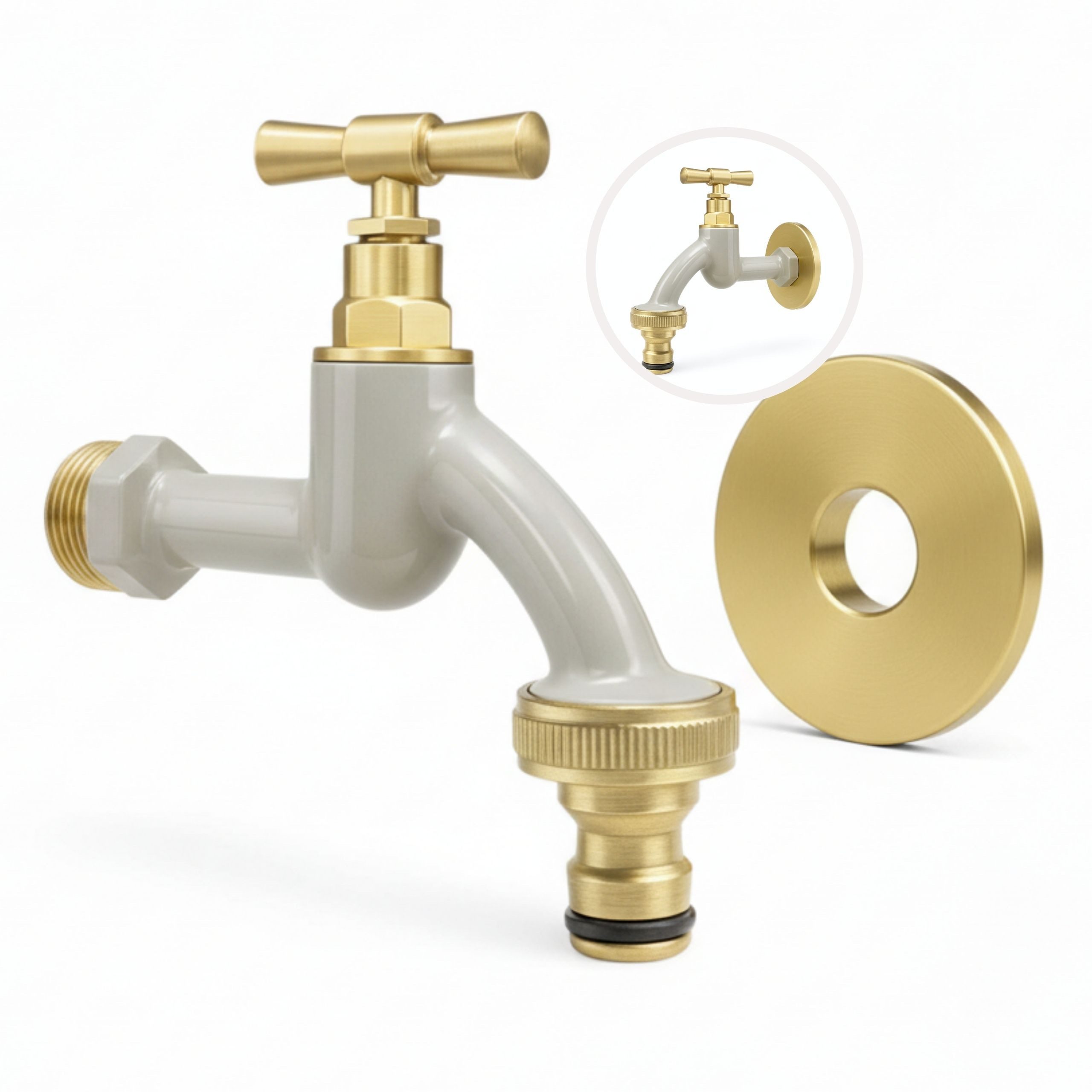 LIVLIG Kugelhahn Wasserhahn Garten, Außenwasserhahn mit Rosettengarnitur 1/2 Zoll, frostsicher, pulverbeschichtet, goldene Akzente