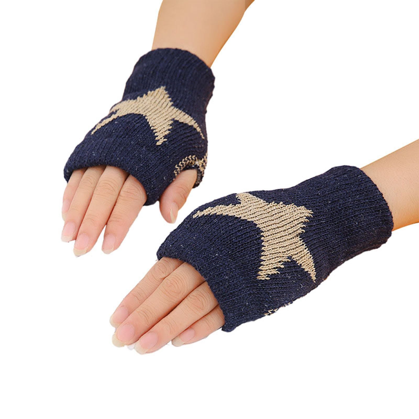 Blusmart Strickhandschuhe Fünfzackige Sternhandschuhe Für Paare, Wärmende Halbfingerhandschuhe Plüsch-Strickhandschuhe Navy blau