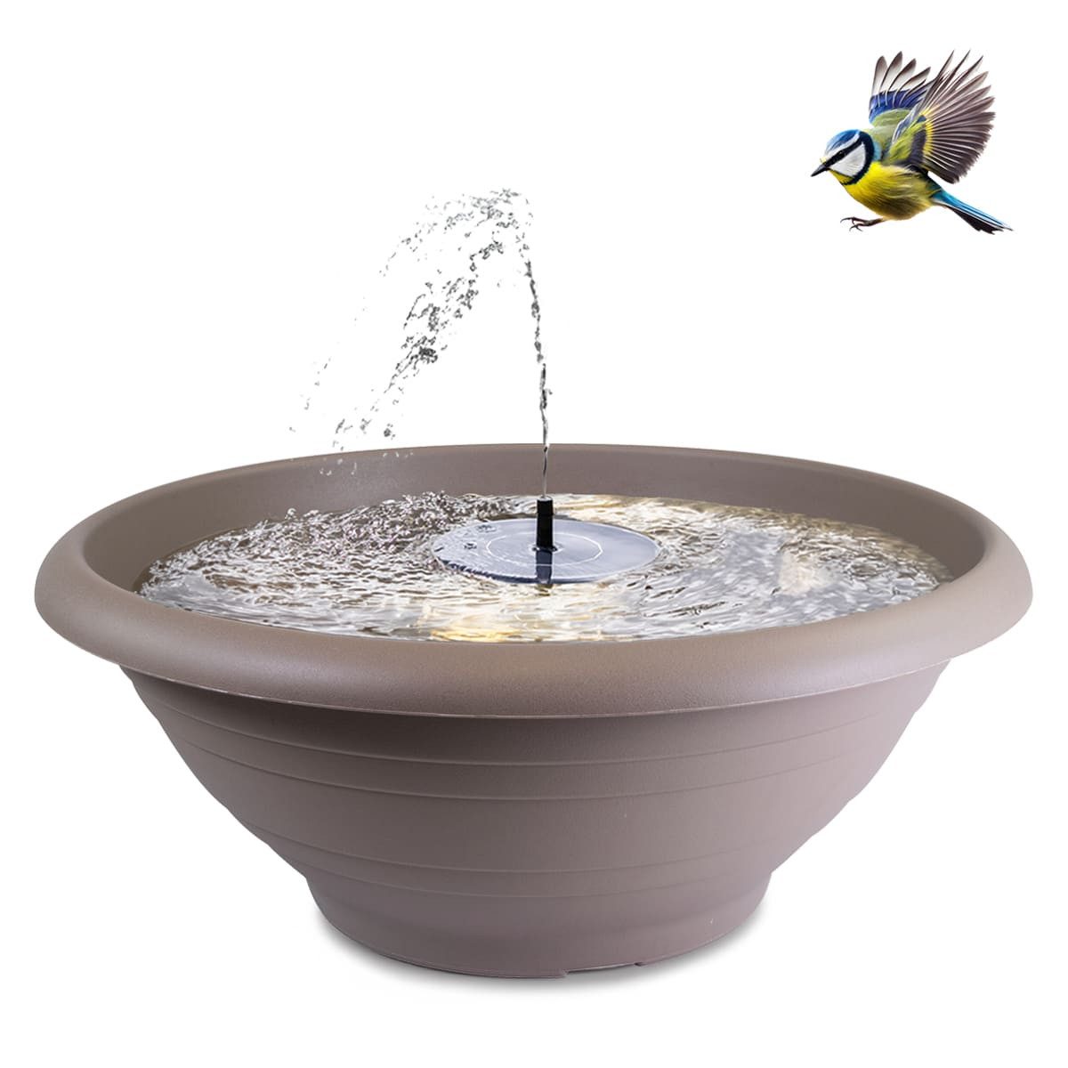 matches21 HOME & HOBBY Wasserspiel Solar-Brunnen Set für draußen - große 50 cm Schale taupe, (1 tlg), Wasser-Fontäne als Solar Spring-Brunnen Garten-Deko Vogeltränke