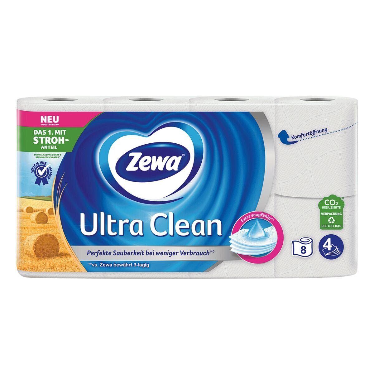 ZEWA Toilettenpapier Ultra Clean (16-St), 4-lagig, mit Strohanteil und Prägung, 150 Blatt/Rolle