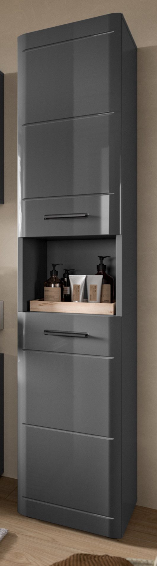 Inn.Furn Hochschrank Strong (Badschrank in grau Hochglanz, 30 x 180 cm) mit Soft-Close-Fuktion