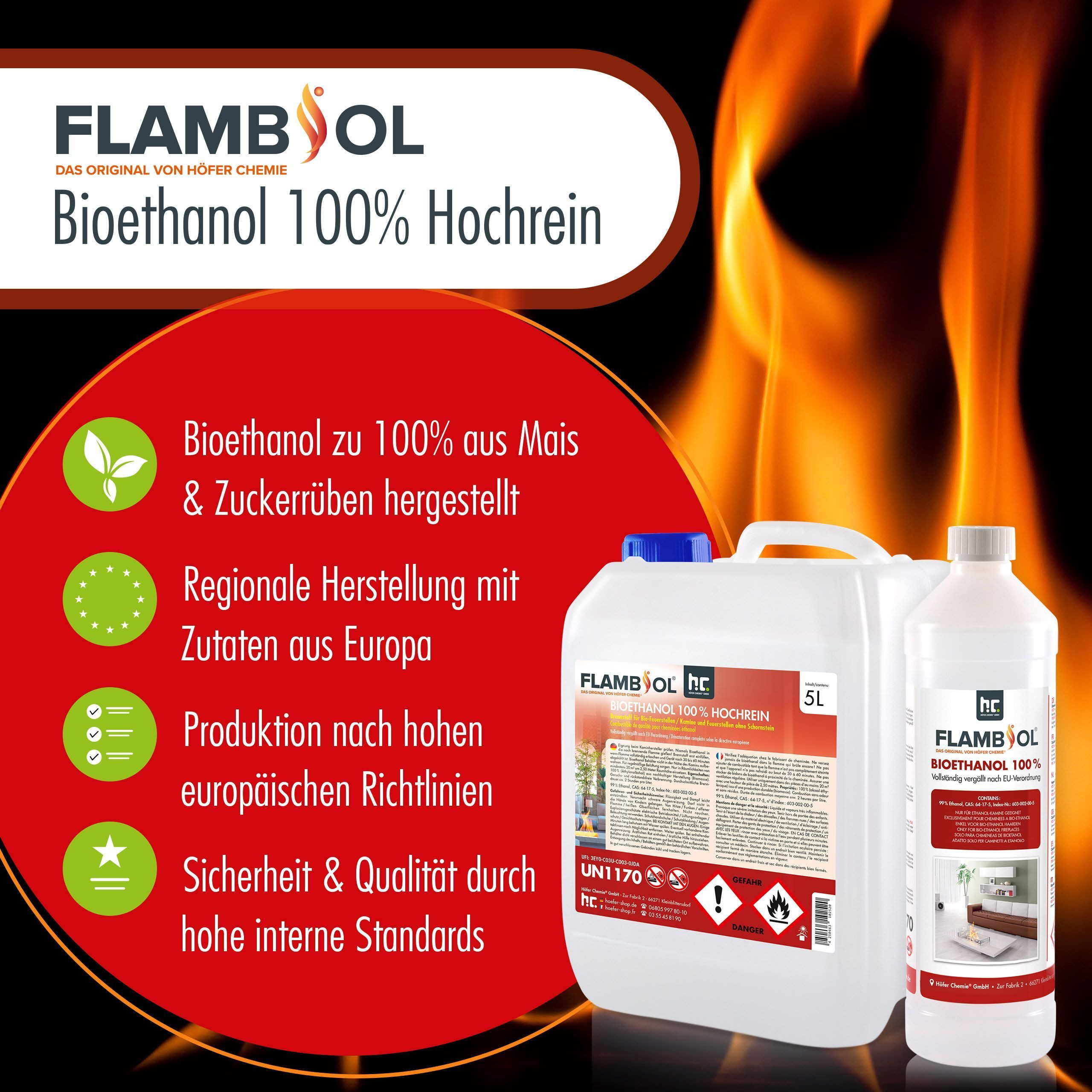 Höfer Chemie GmbH Bioethanol 20 L FLAMBIOL® Bioethanol 100% Hochrein, 20 l, (1-St)