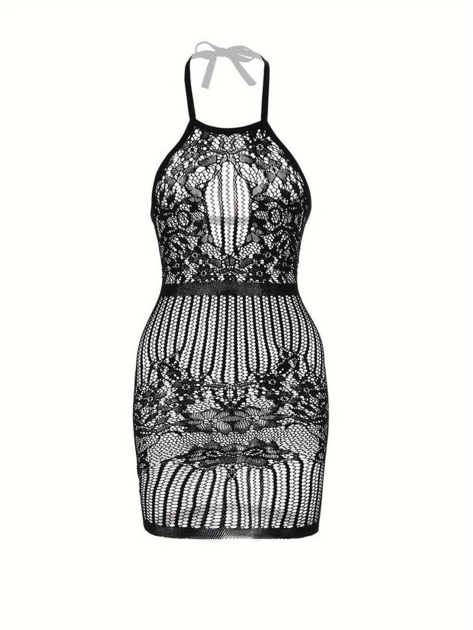 Elegant Passion Netzkleid Damen Fischnetz Body Kleid Neckholder Ärmellos Rückenfrei Sexy Pyjama Weich Elastisch Einheitsgröße