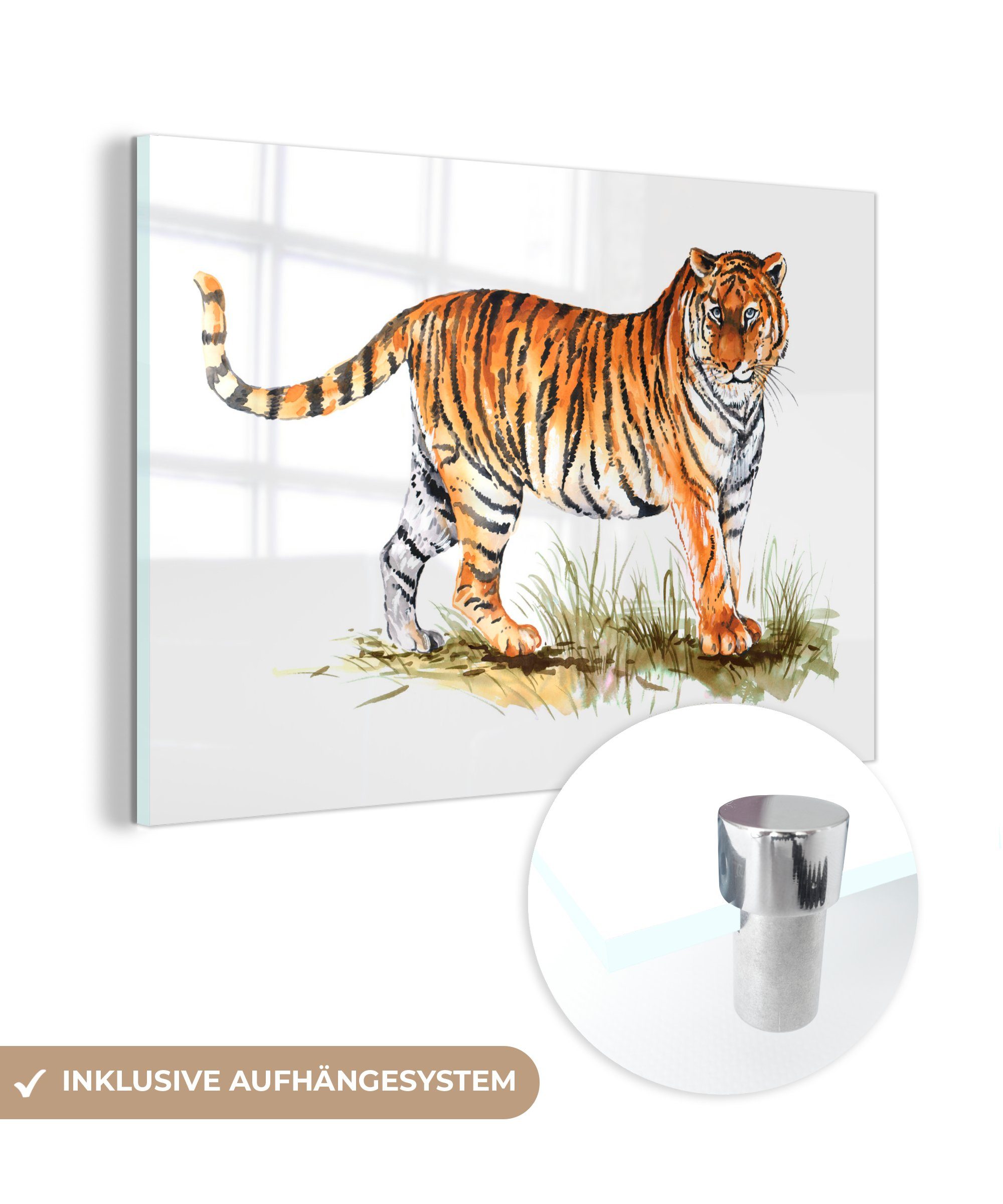 MuchoWow Acrylglasbild Tiger - Gras - Weiß, (1 St), Acrylglasbilder Wohnzimmer & Schlafzimmer