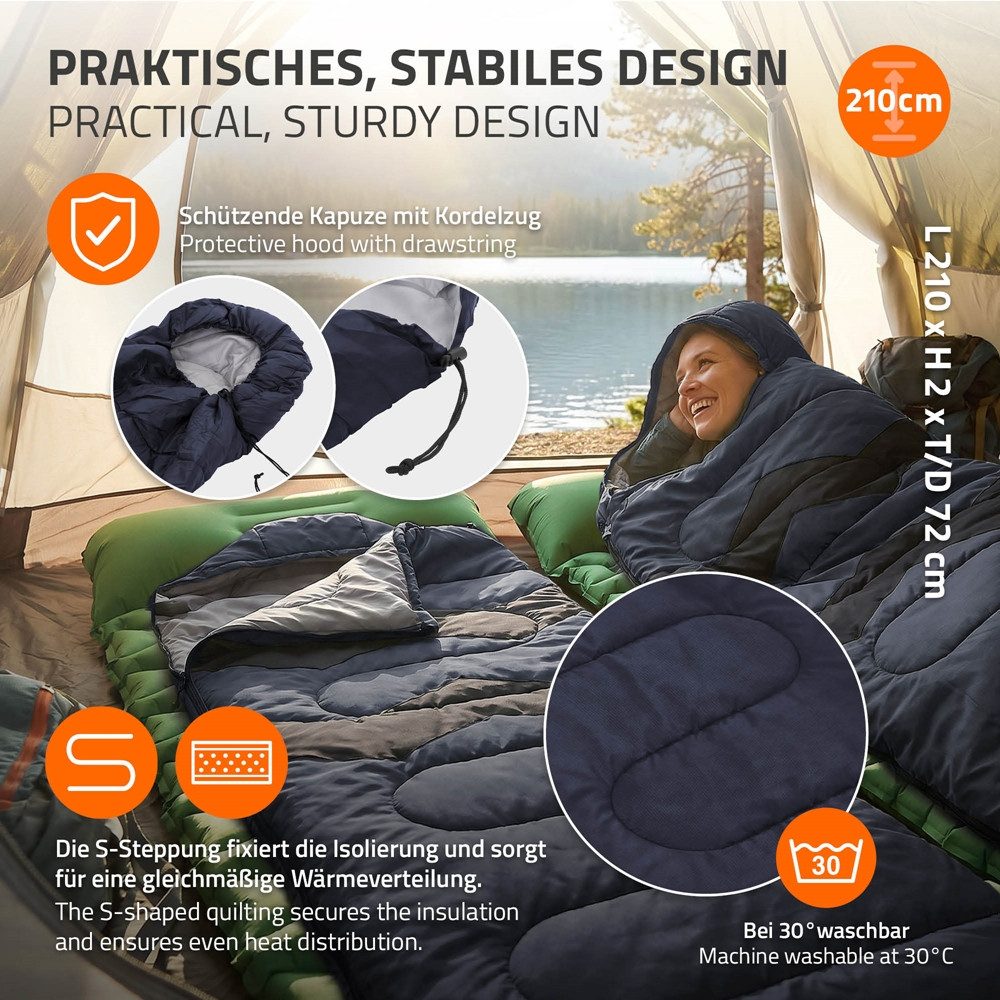 ECD Germany Deckenschlafsack Schlafsack Outdoor für Camping 210 cm Hüttenschlafsack 3 Jahreszeiten, Mumienschlafsack Dunkelblau wasserdicht kleines Packmaß leic – Bild 3 von 5