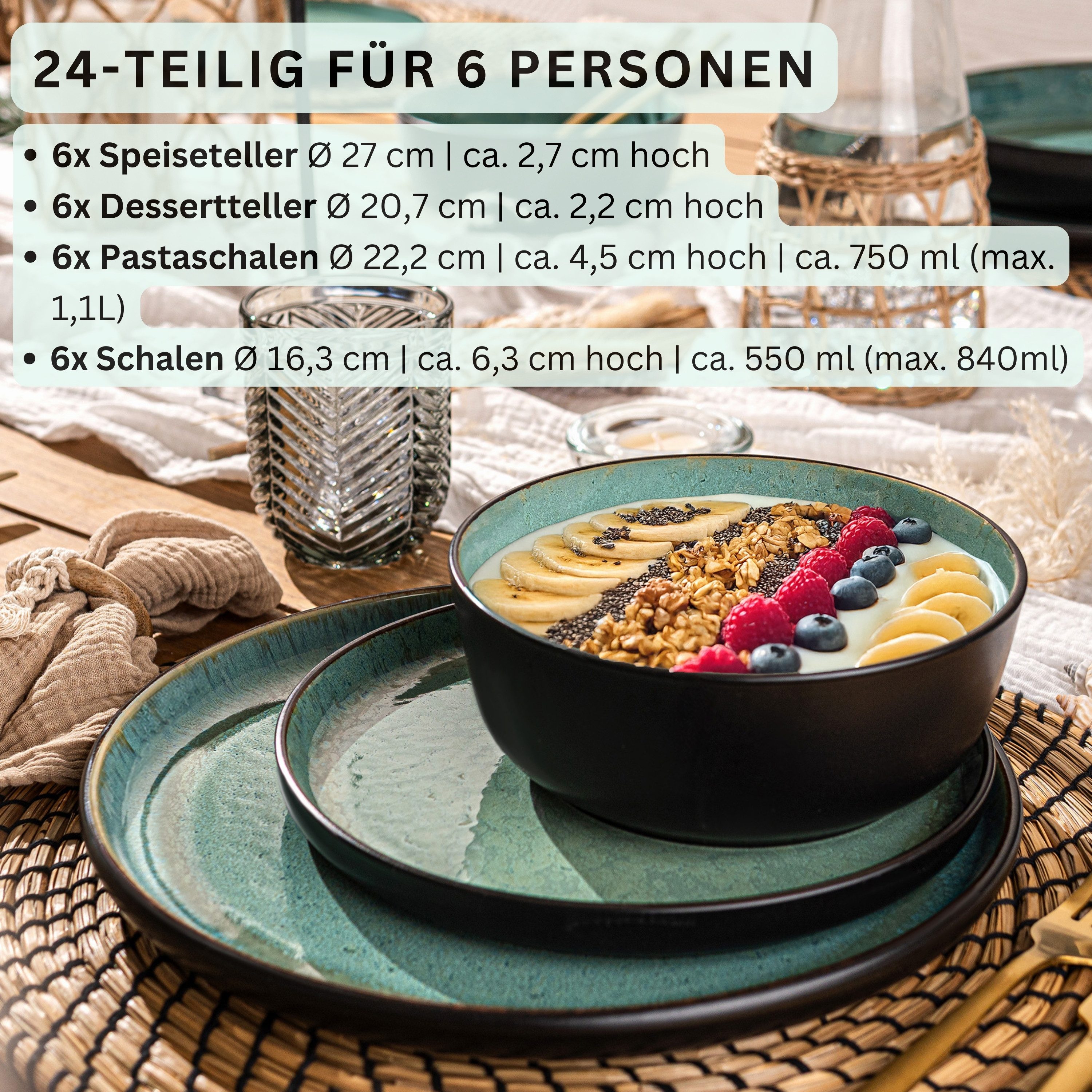 SÄNGER Tafelservice Fiji Geschirrset, Grün Schwarz (24-tlg), 6 Personen, Steingut, Handmade, Erweiterbar, VALUE COLLECTION