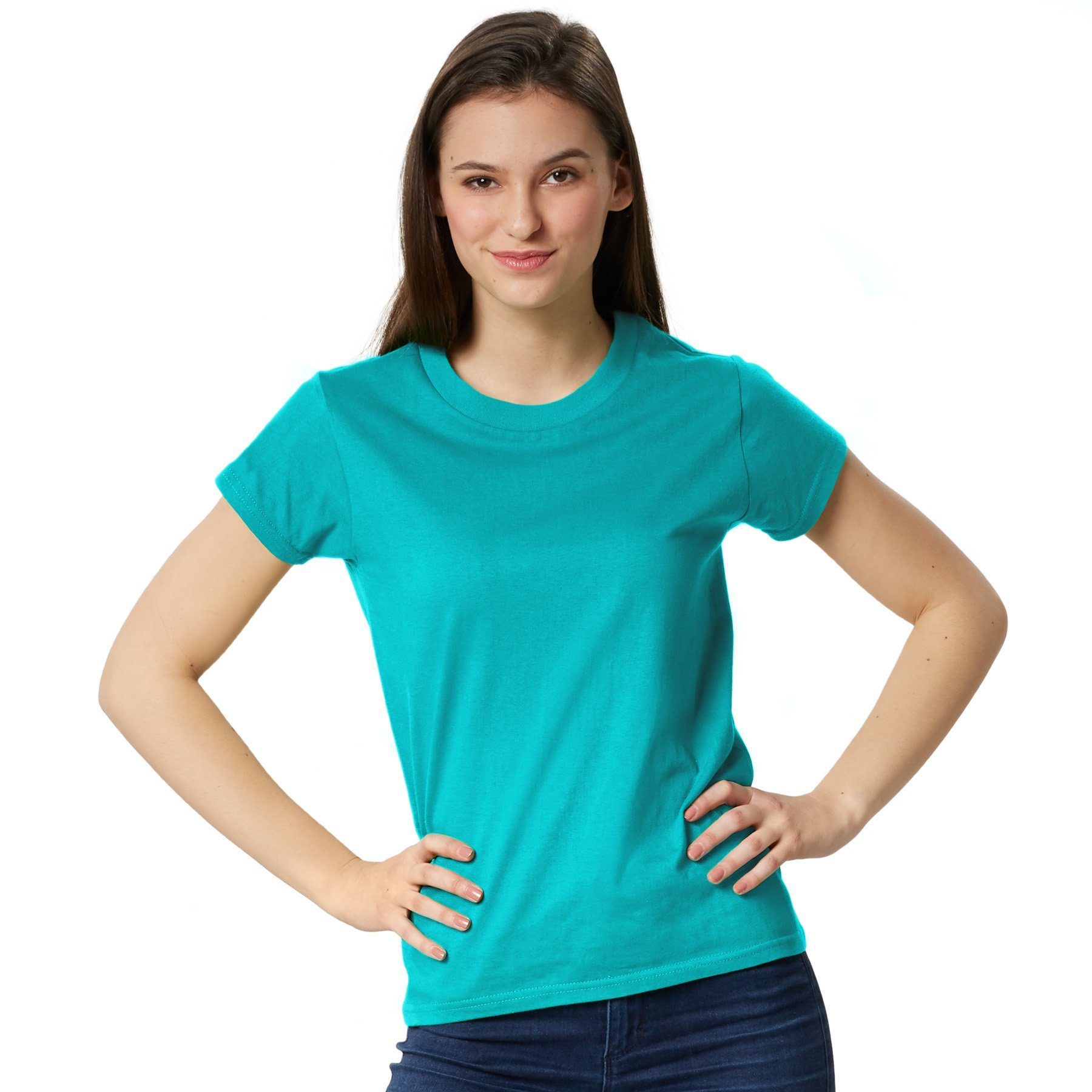 dressforfun T-Shirt Kurzarmtop, Für viele Outfits & Auftritte, Rundhals mit (Freizeitoberteil, Konfektionsgröße L in türkis) Einfarbiges T-Shirt für Frauen, Fester Stoff, hoher Tragekomfort