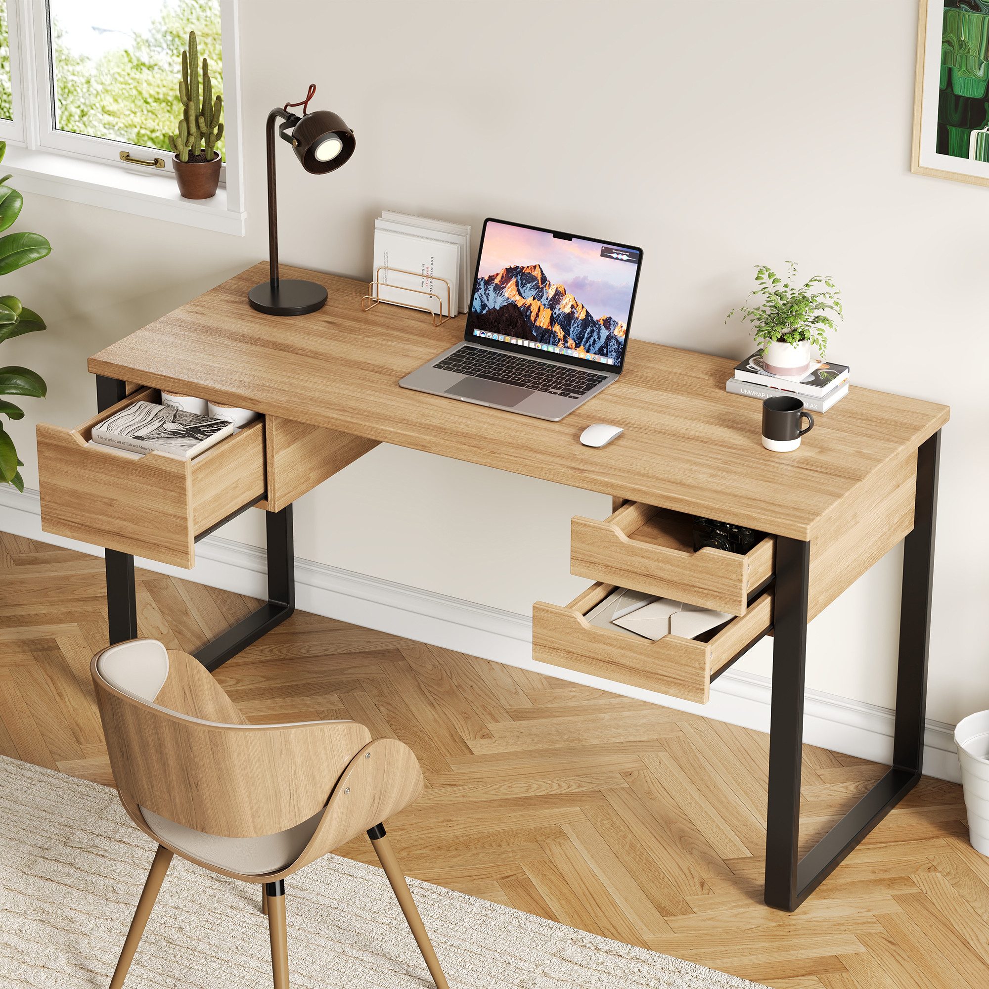 MODFU Schreibtisch minimalistischer Schreibtisch (robuste Schubladenschienen, drei Schubladen zur Aufbewahrung, Holzfarbe + Schwarz., 1-St., 130*55*76cm)