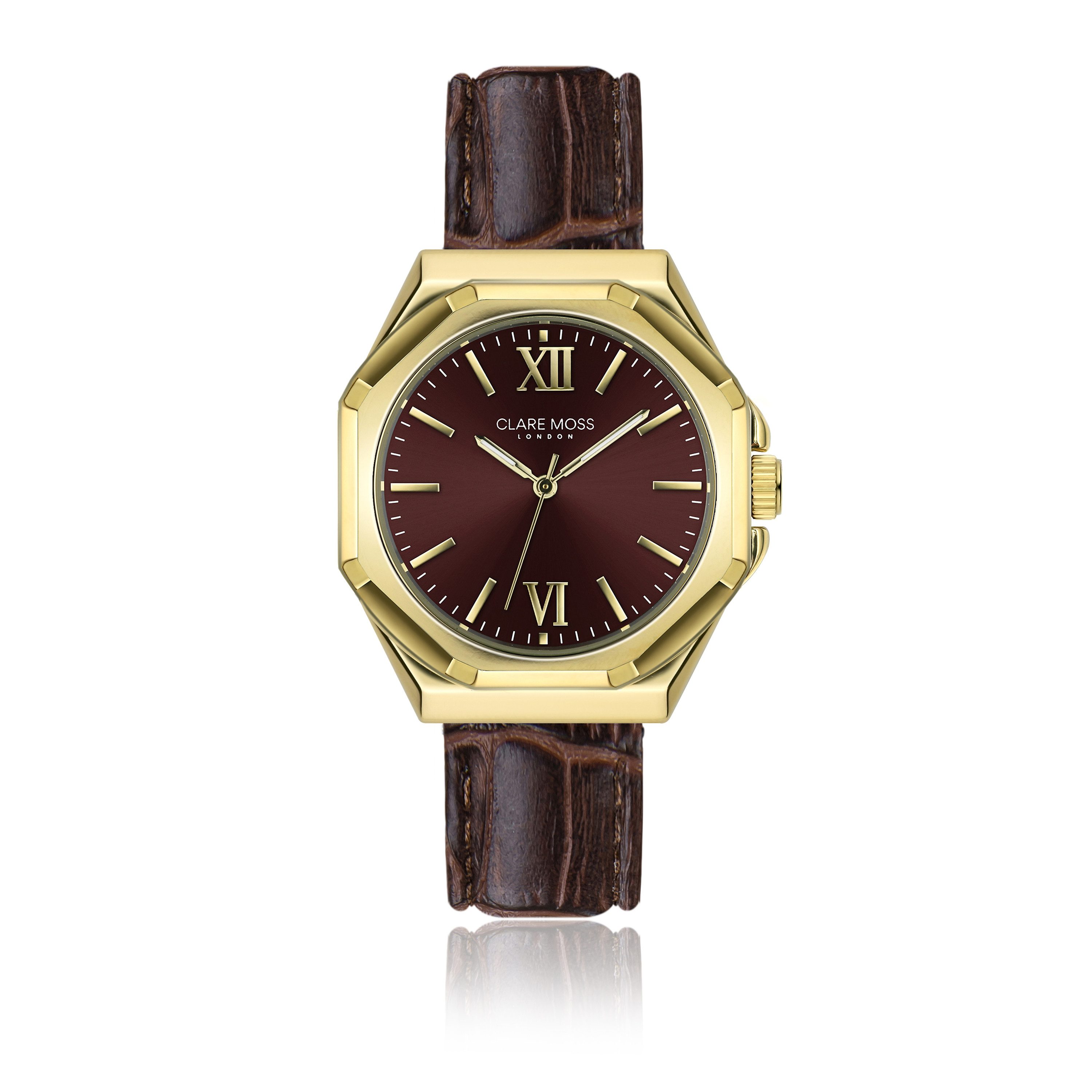 CLARE MOSS Quarzuhr CMC1-S088G Burgunderrot Braun Gepolstert und glatt genäht