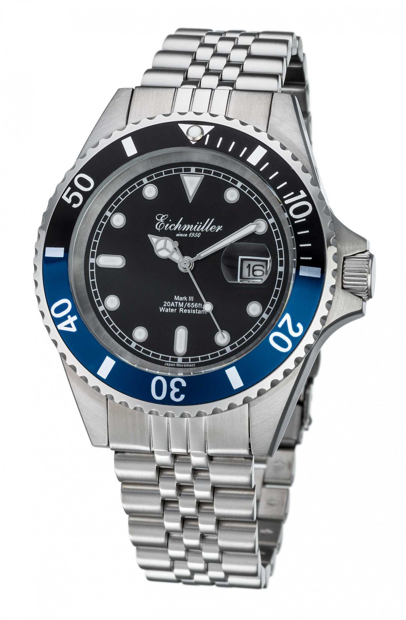 Eichmüller Taucheruhr Herrenuhr Schwarz/Blau Edelstahlband 20 ATM 43 mm 3464-03