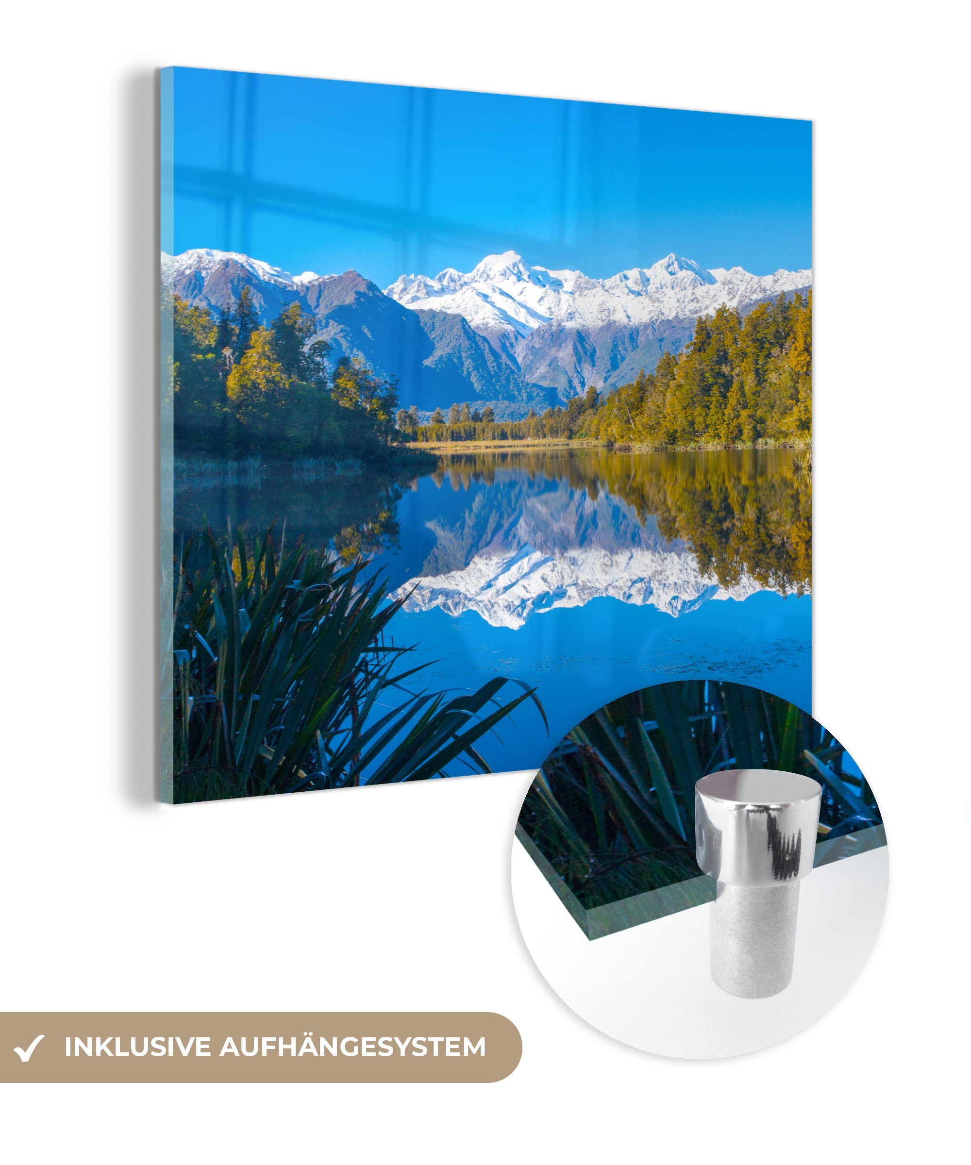MuchoWow Acrylglasbild Spiegelung der Berge im Matheson-See, Neuseeland, (1 St), Glasbilder - Bilder auf Glas Wandbild - Foto auf Glas - Wanddekoration