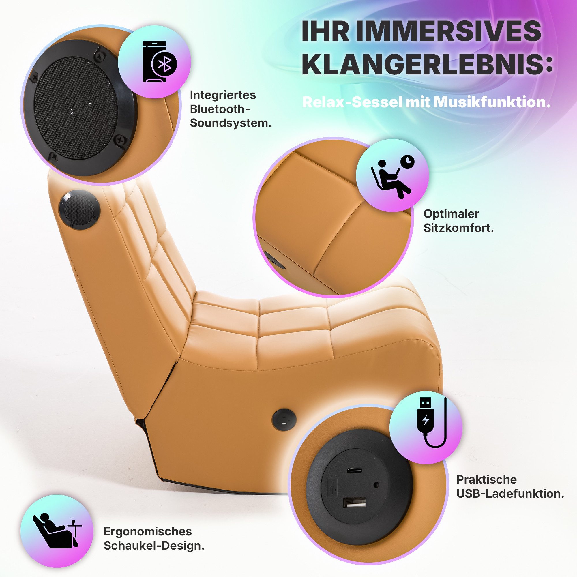 Allyson Relaxsessel Fernsehsessel Wohnzimmer – Bequemer Lounge & Ruhesessel mit Bluetooth, Bluetooth-Lautsprecher, USB-Ladefunktion, klappbar, inkl. Kissen.