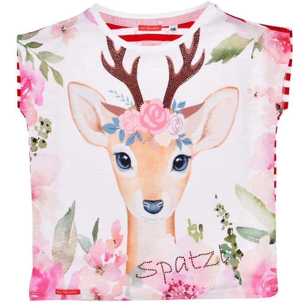 BONDI Trachtenbluse Mädchen Shirt 'Spatzl' Reh-Motiv 26085, Rosa Rot