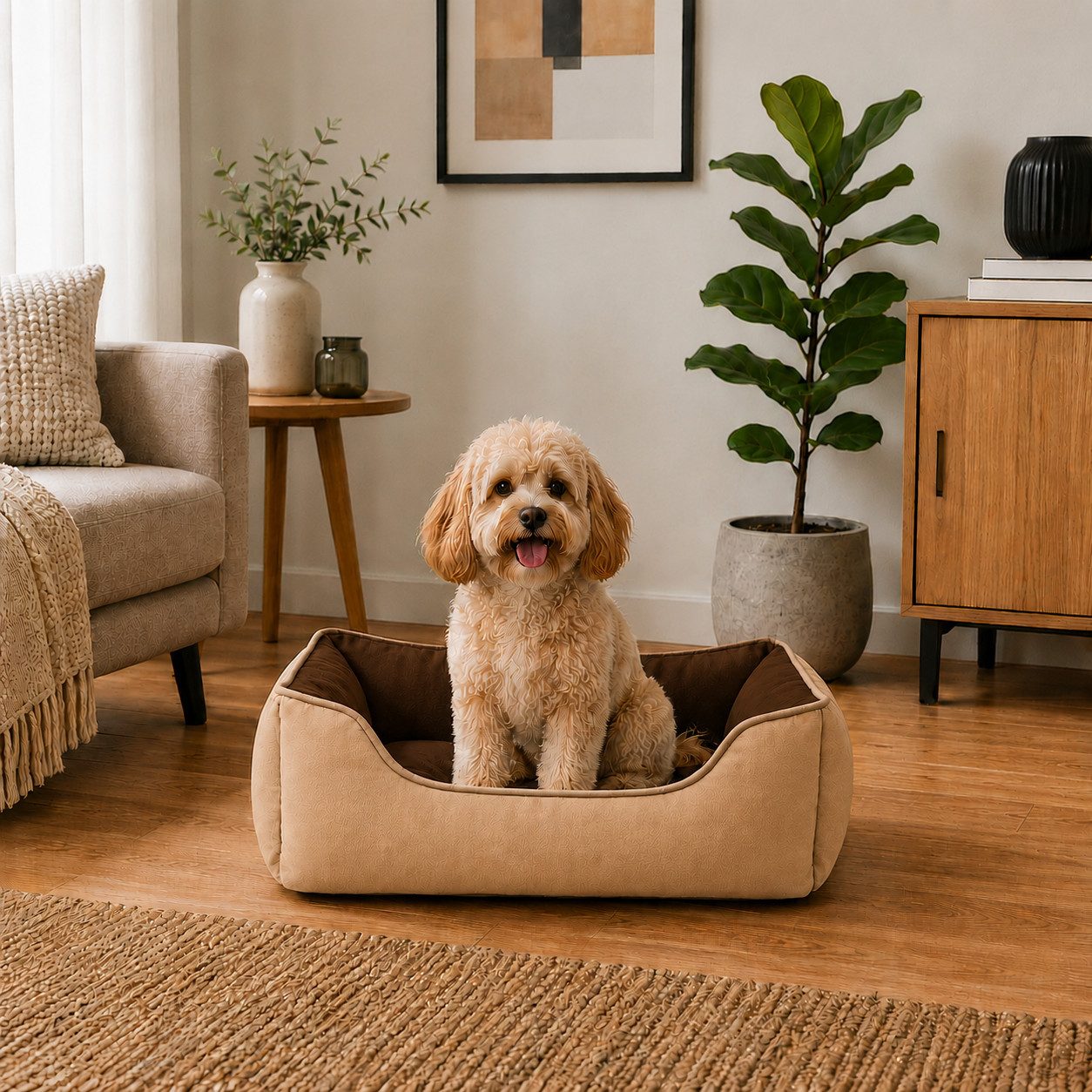 belviona Tierkissen weich gepolstert & pflegeleicht, 60x50 cm, braun/beige, Wildlederimitat, Wendbares Hundekörbchen mit 2-in-1 Funktion