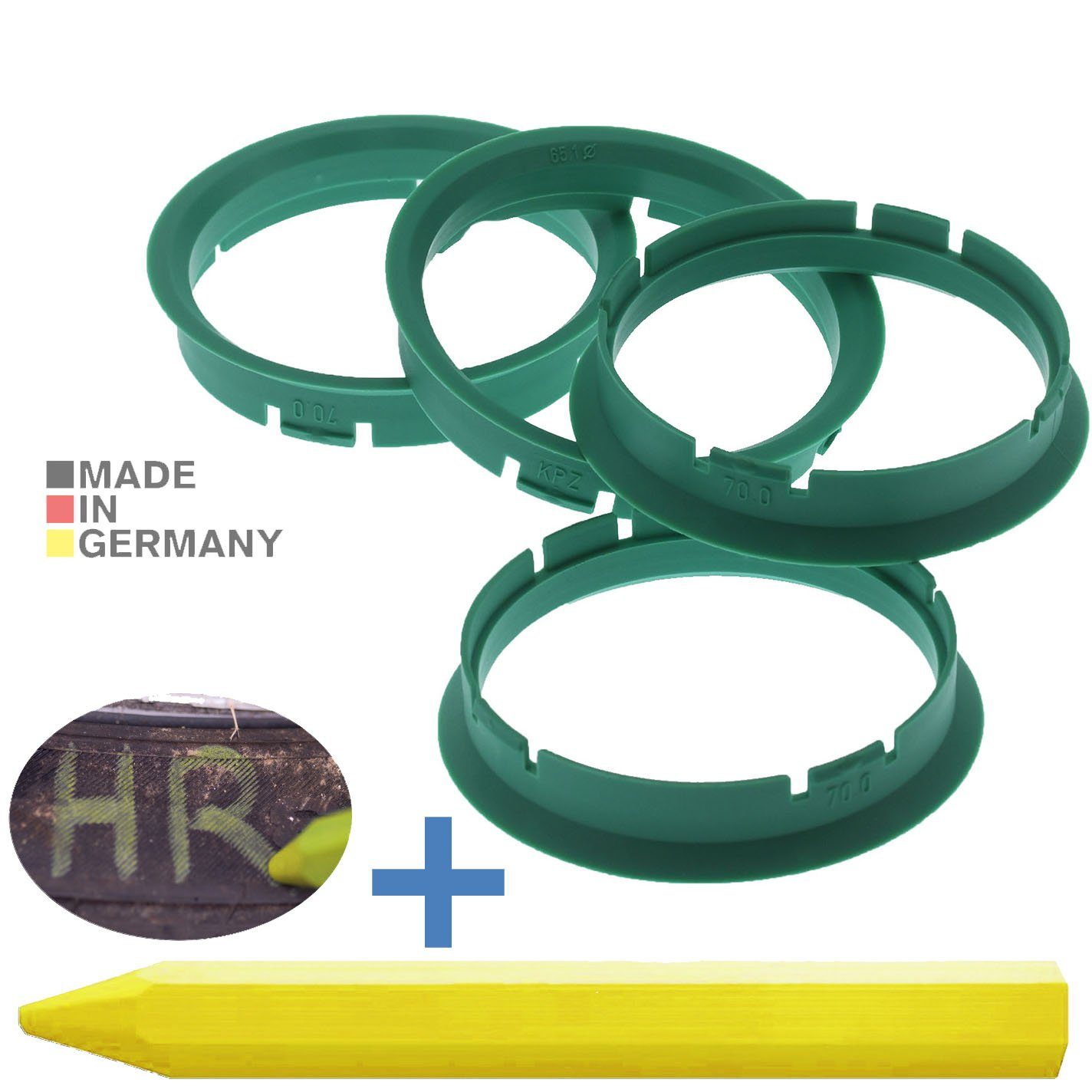 RKC Reifenstift 4X Zentrierringe Mint Felgen Ringe + 1x Reifen Kreide Fett Stift, Maße: 70,0 x 65,1 mm