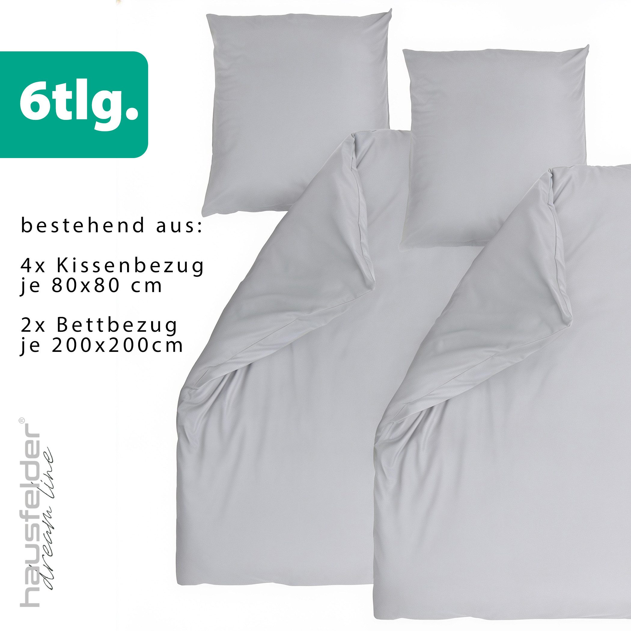 Hausfelder Bettwäsche 6er Set Mikrofaser (Hellgrau, 2xDecke 200x200 4 x Kissen 80x80, 100% Mikrofaser, 6 teilig, Bettwäsche, weich, pflegeleicht, mit Reißverschluss