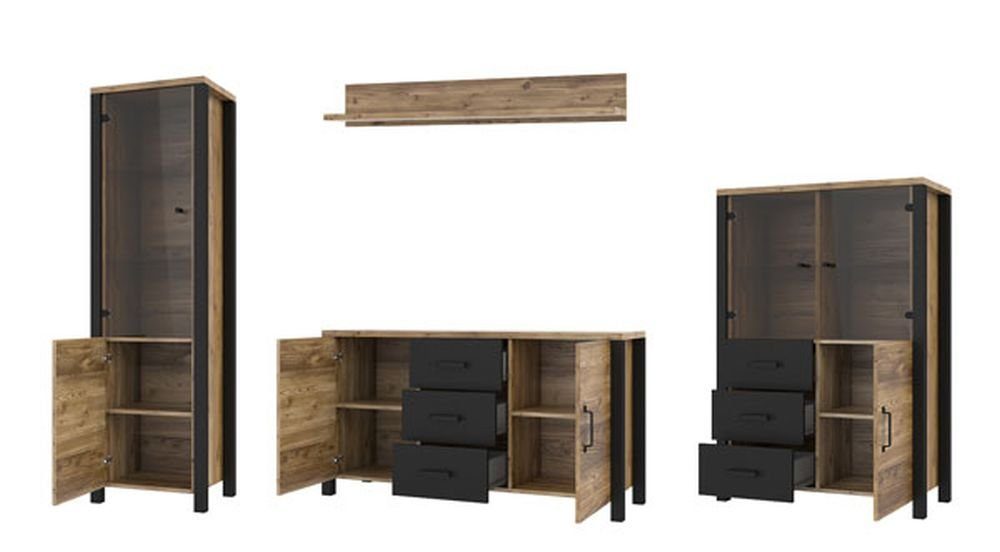 Helvetia Wohnwand Olin, (Set, 1 Vitrine - 1 Lowboard - 1 Highboard - 1 Wandregal), B/T/H: 304 cm / 24-43 cm / 191 cm