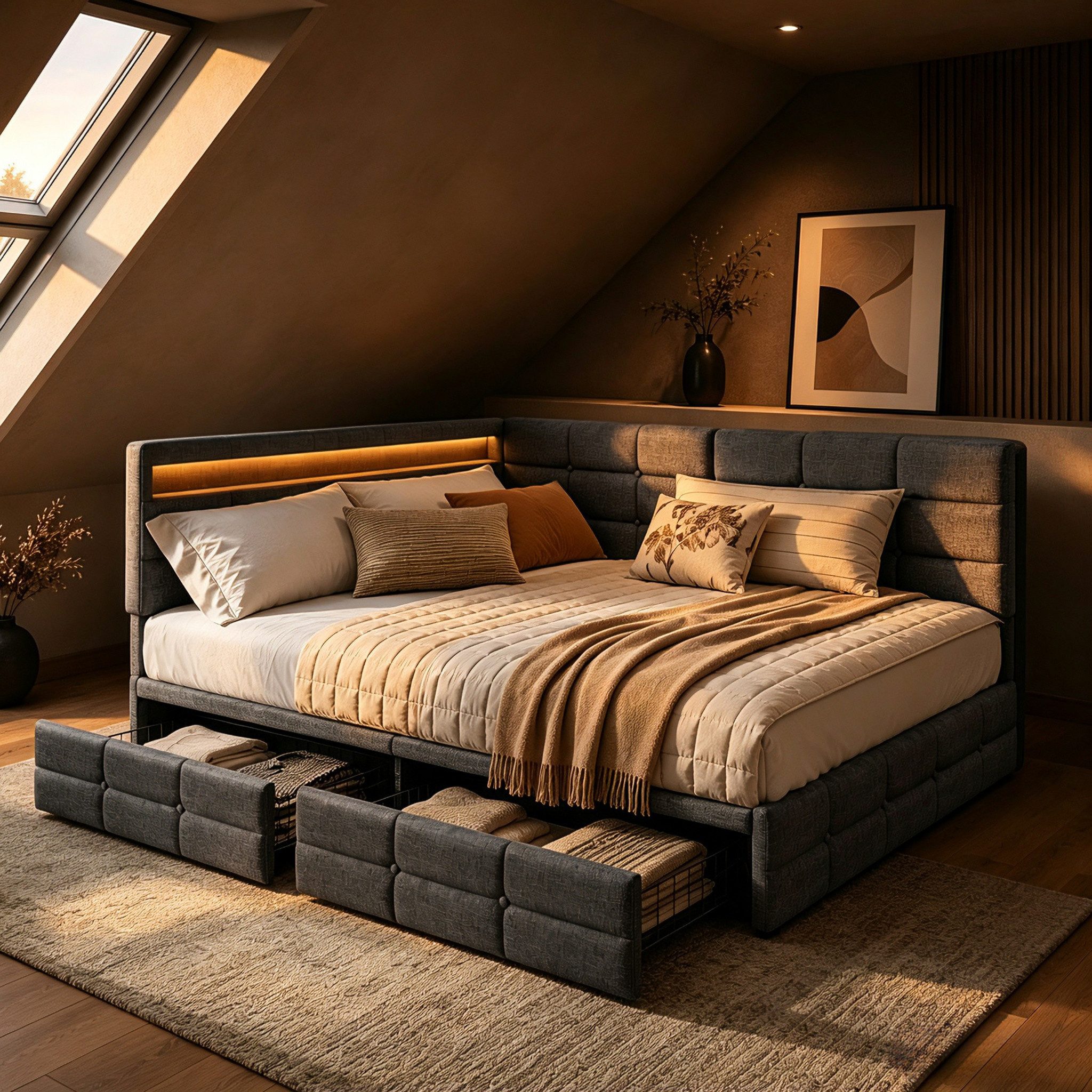 Simurq Polsterbett Tagesbett L-Form 140x200 mit LED, Ladefunktion & 2 Schubladen (Bettgestell mit Lattenrost und 2 Schubladen, Bettgestell mit Kopfteil, Lattenrost, 2 Schubladen, ohne Matratze), L-Form, links/rechts montierbar, 140x190/140x200 cm