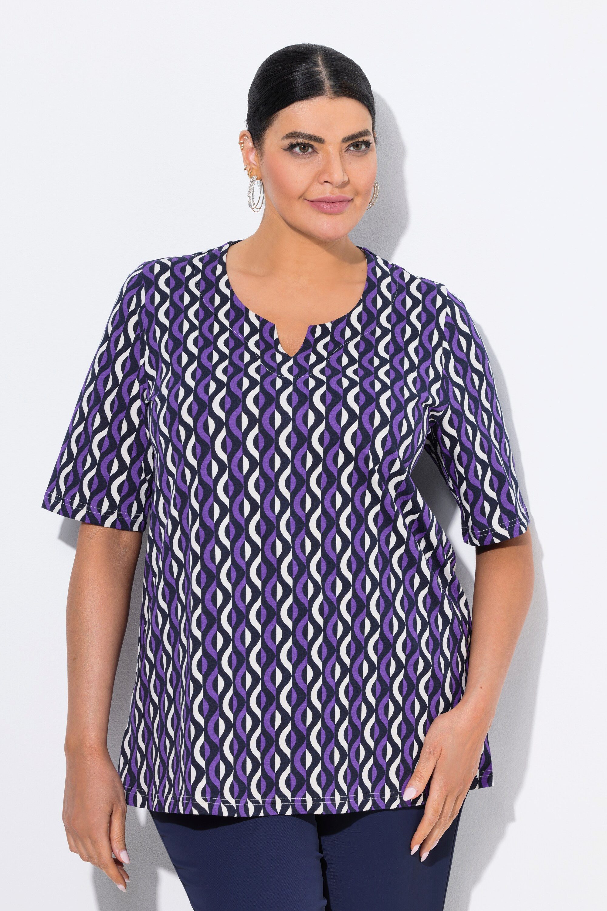 Ulla Popken T-Shirt T-Shirt grafischer Druck Tunika-Ausschnitt Halbarm günstig online kaufen