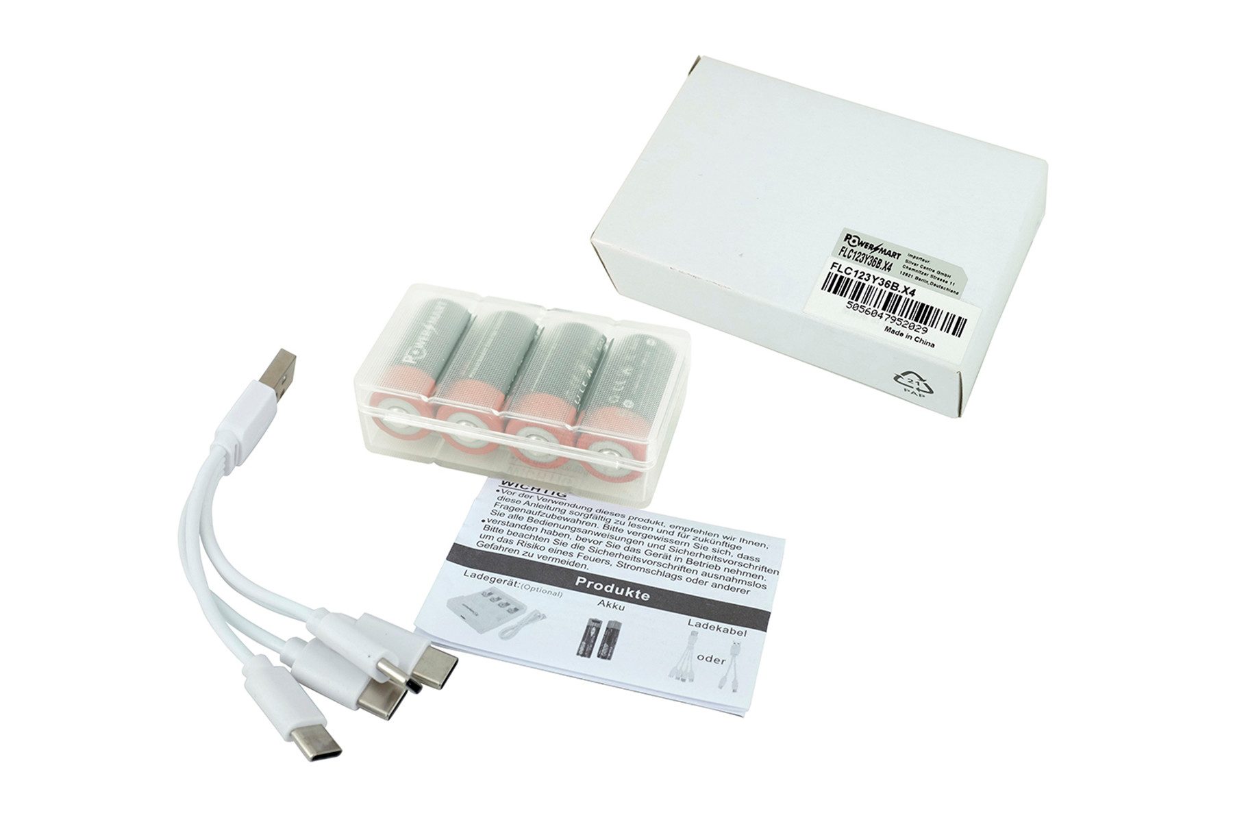 PowerSmart CR123A Zusatz-Akku 4x CR123 Wiederaufladbar, mit Typ C Anschluss, 123A 123 C123 Li-ion 850 mAh (3,6 V)