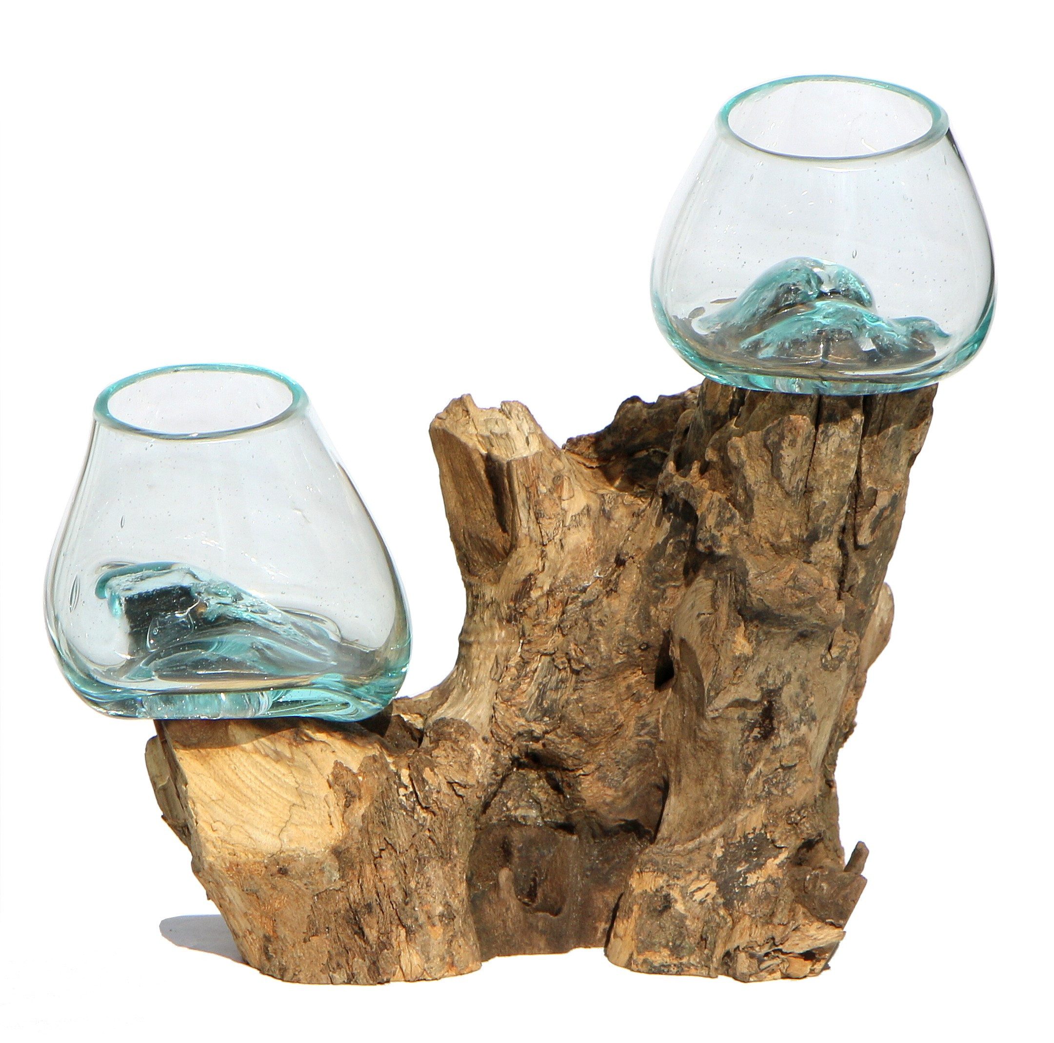 Wogeka Dekovase Doppel Glas-Vase auf Wurzel-Holz Gamal Teakholz